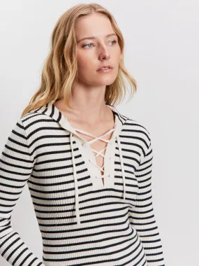 Long Sleeve Seasonal Casual Lace Up Popover Sweater Black Macrame Stripe