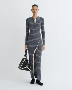 Dakoa - Striped Terry Merino Maxi Dress - Grey Stripe High Collar Option