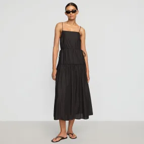 Dalia Tie-Waist Tiered Organic Cotton Dress Gloss Accent Sleek Silhouette
