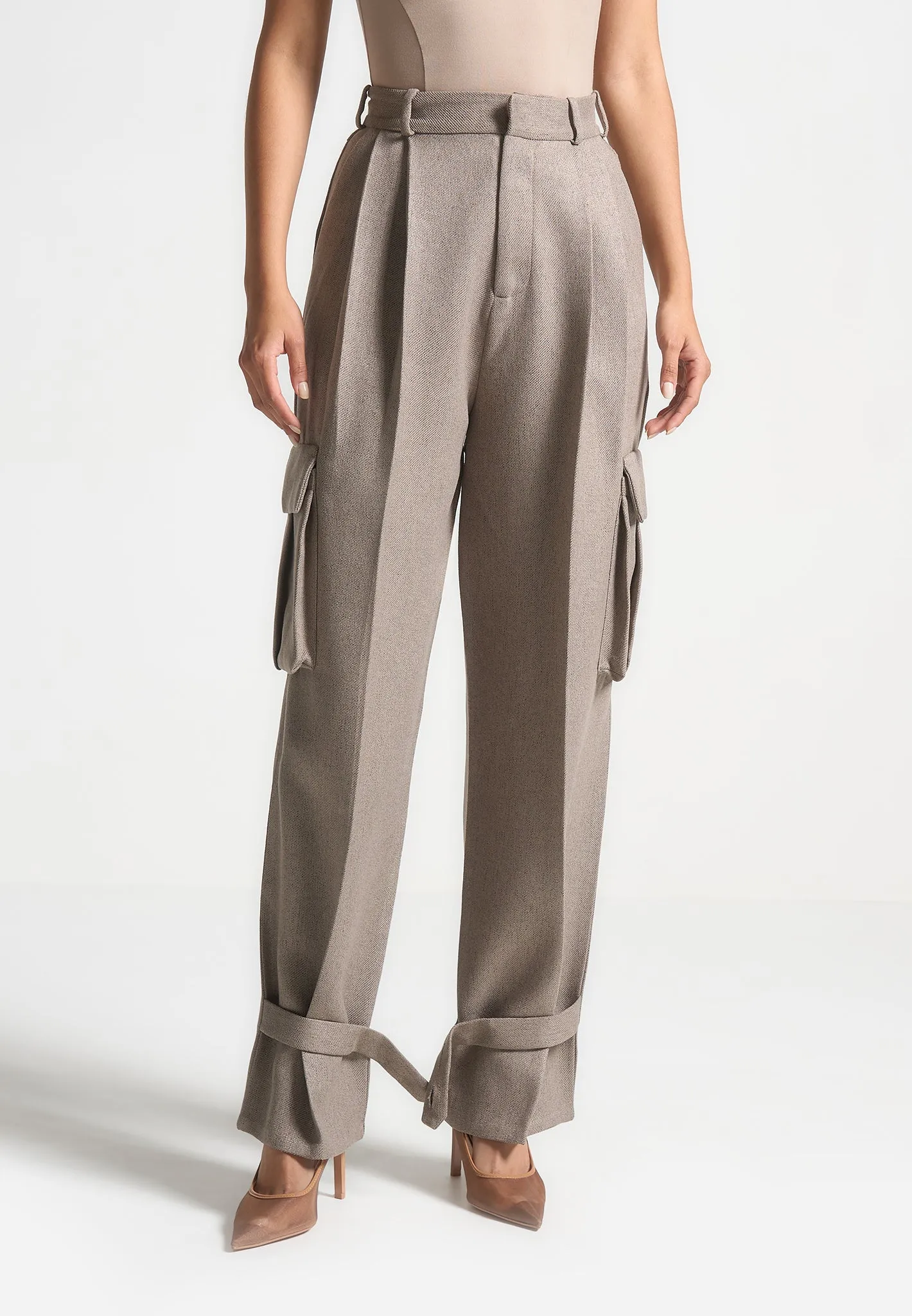 Danielle - Textured Tailored Pleated Cargo Trousers - Taupe Chic Professional