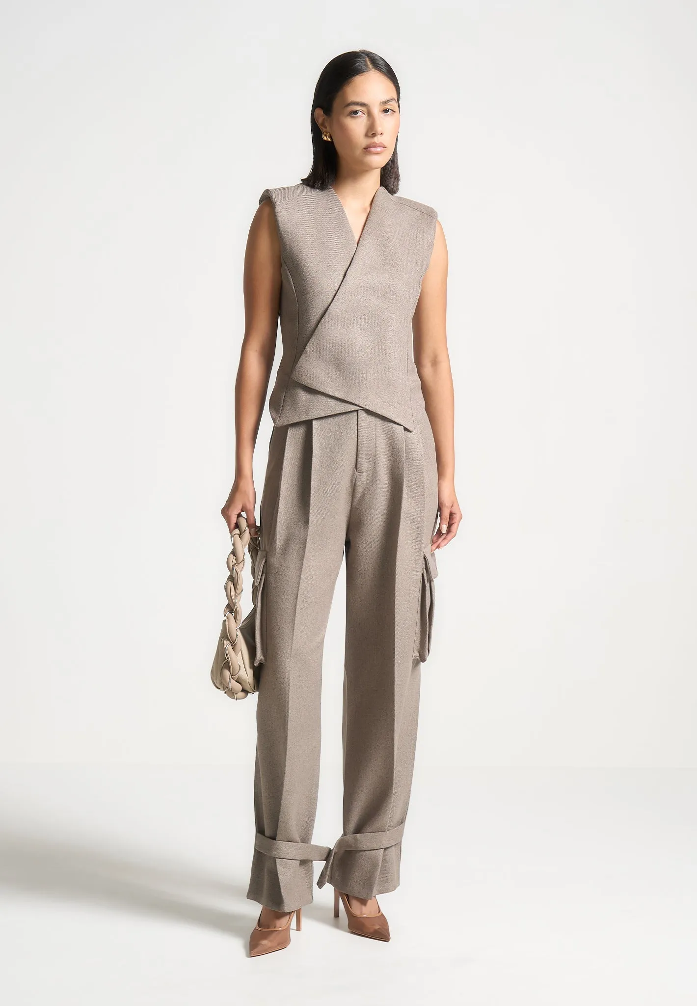 Danielle - Textured Tailored Pleated Cargo Trousers - Taupe Fit For Work All-Day Comfort Wear