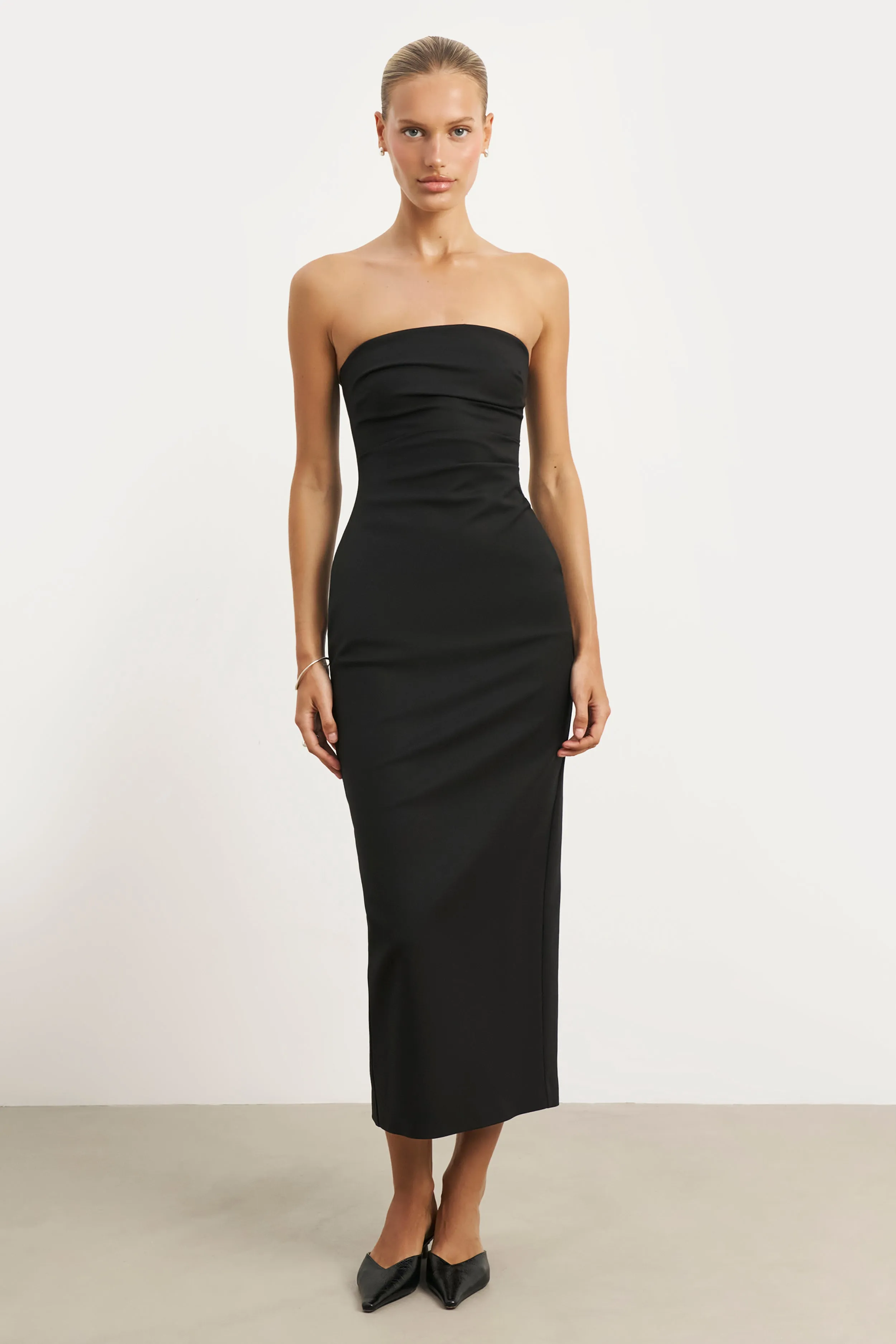 Strapless Ruched Midaxi Dress - Black Office Casual Urban Touch