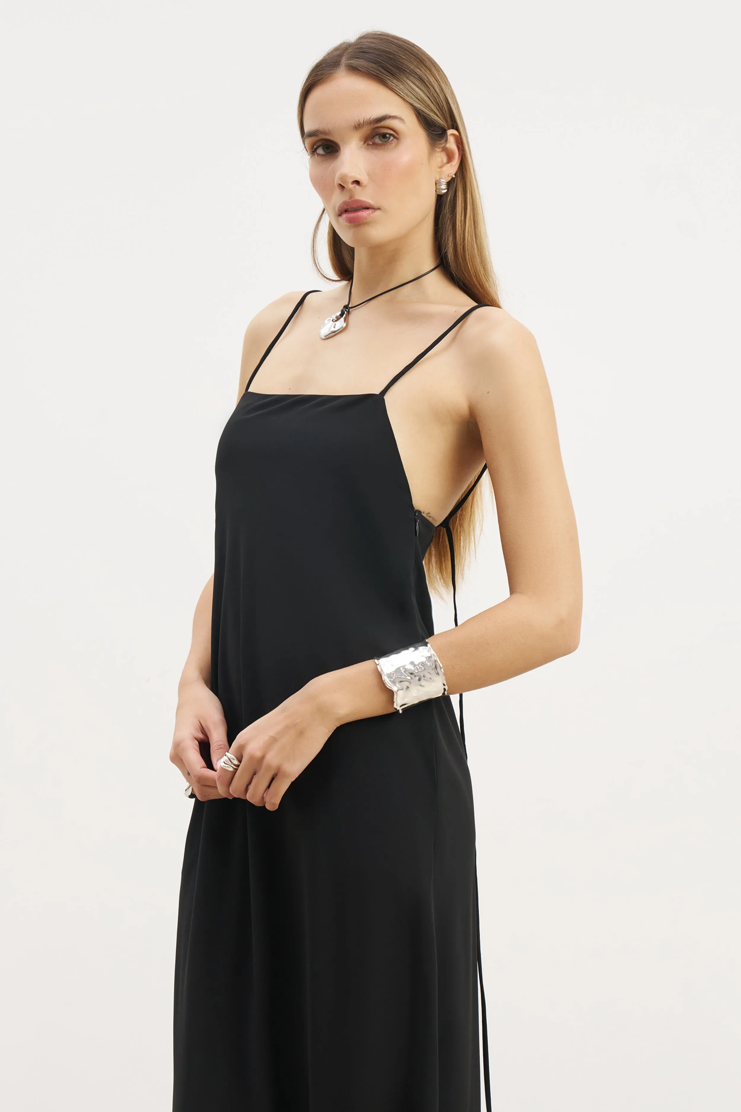 Tie Strap Chiffon Maxi Dress - Black Vibrant Hue