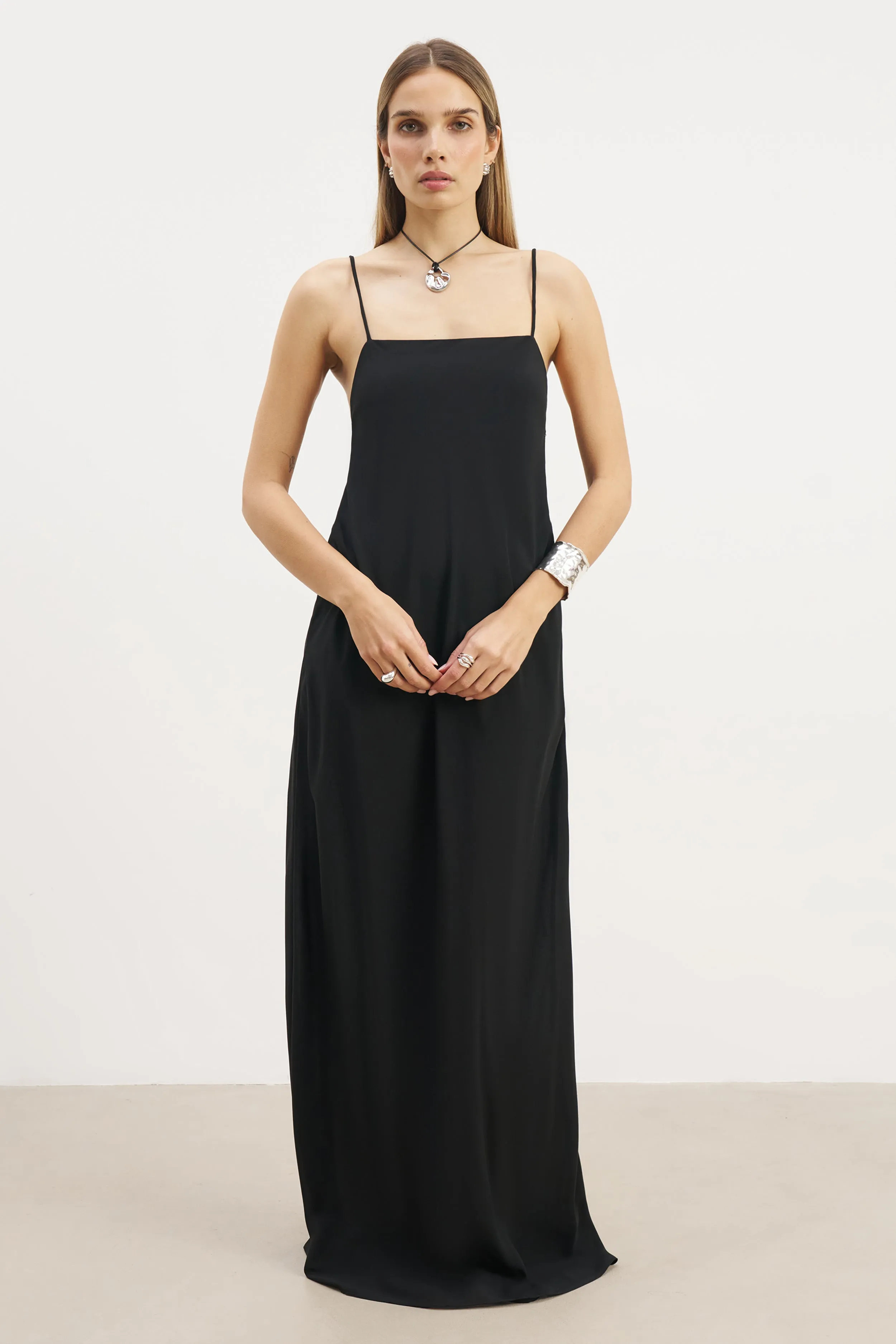 Chill Lines Tie Strap Chiffon Maxi Dress - Black