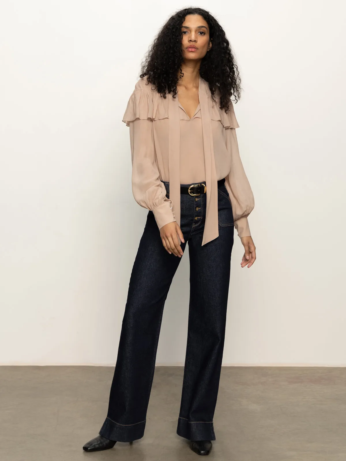 Fade Into You Ruffle Blouse Fawn Durable Fiber Blend