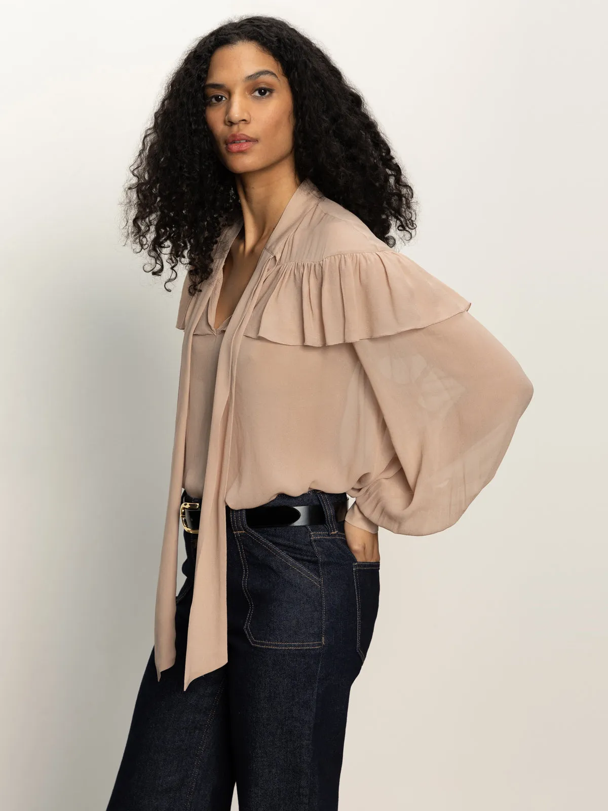 SeamFreeShoulder Fade Into You Ruffle Blouse Fawn