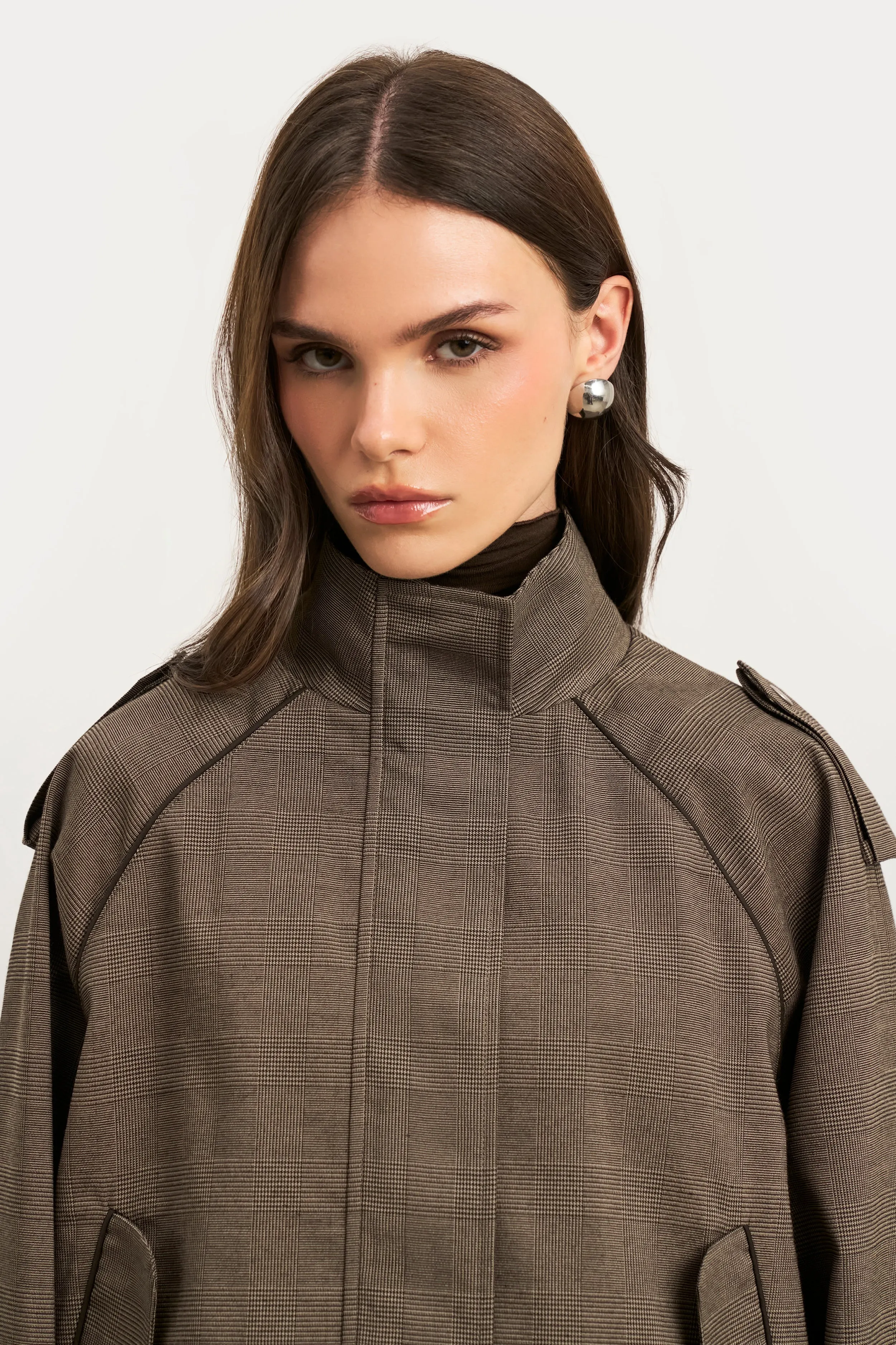 Seamless Side Panels Relaxed High Collar Bomber Jacket - Carob Check