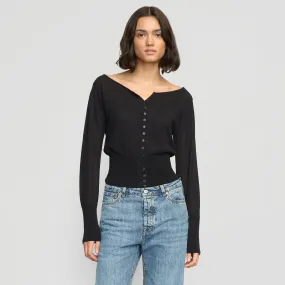 Chava Semi-Sheer Button Knit Top NonChafe Tag Placement