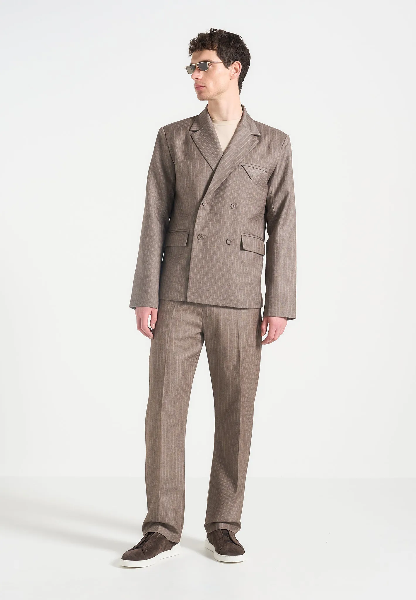 All-Season Comfort Formal Wear Didier - Double Breasted Pinstripe Suit Jacket - Taupe