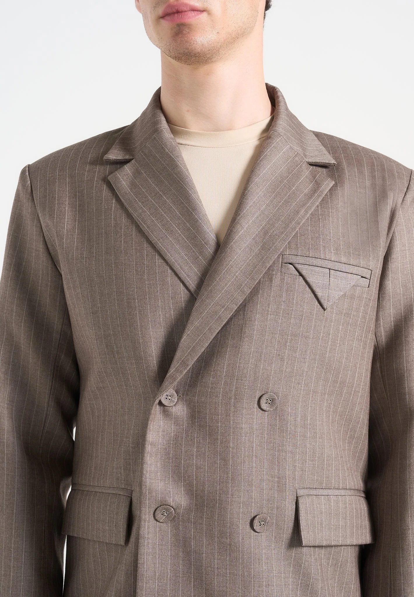 Flexible Fit Didier - Double Breasted Pinstripe Suit Jacket - Taupe