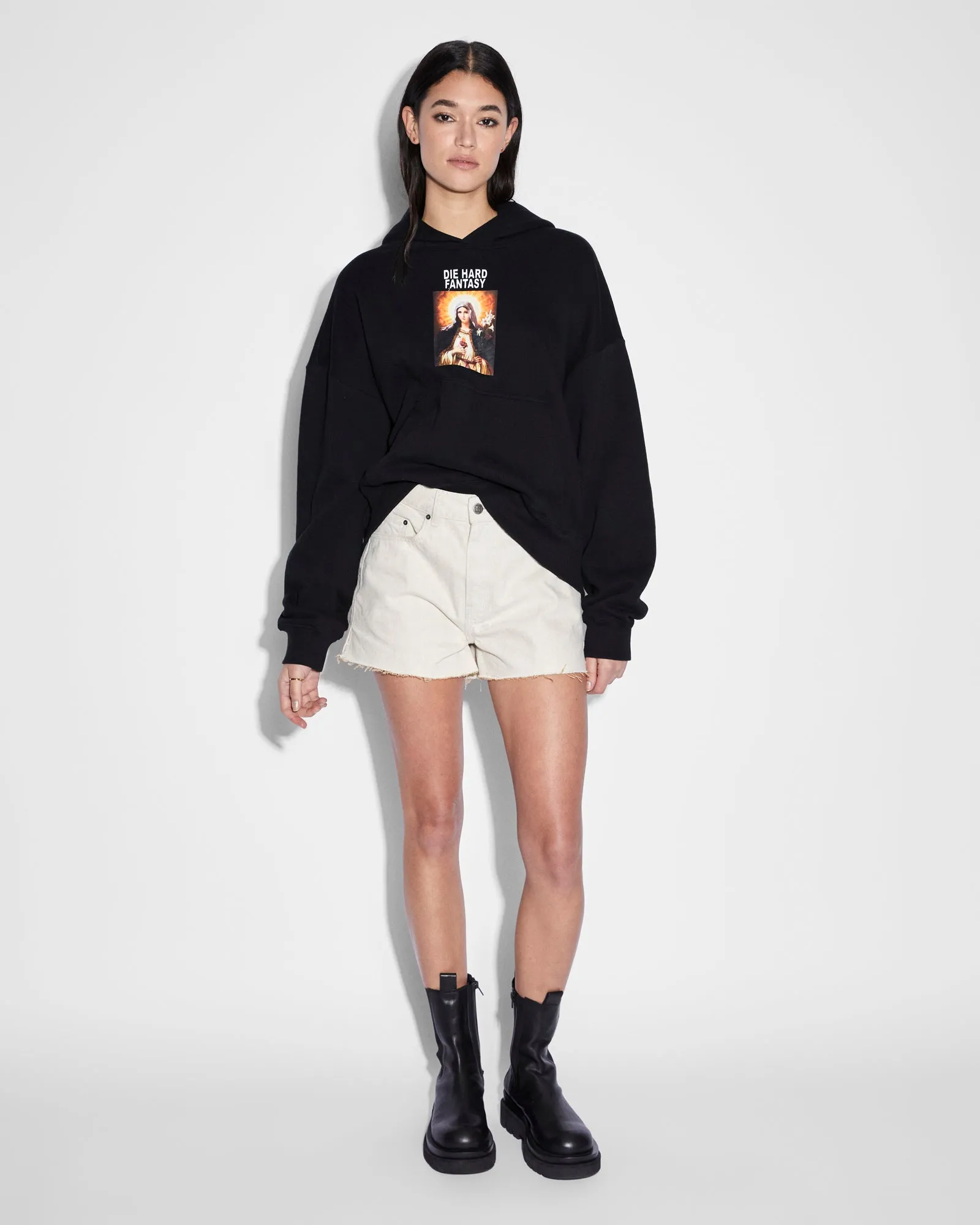 Relaxed Style Double Layered Collar DIE HARD SLOUCH HOODIE BLACK