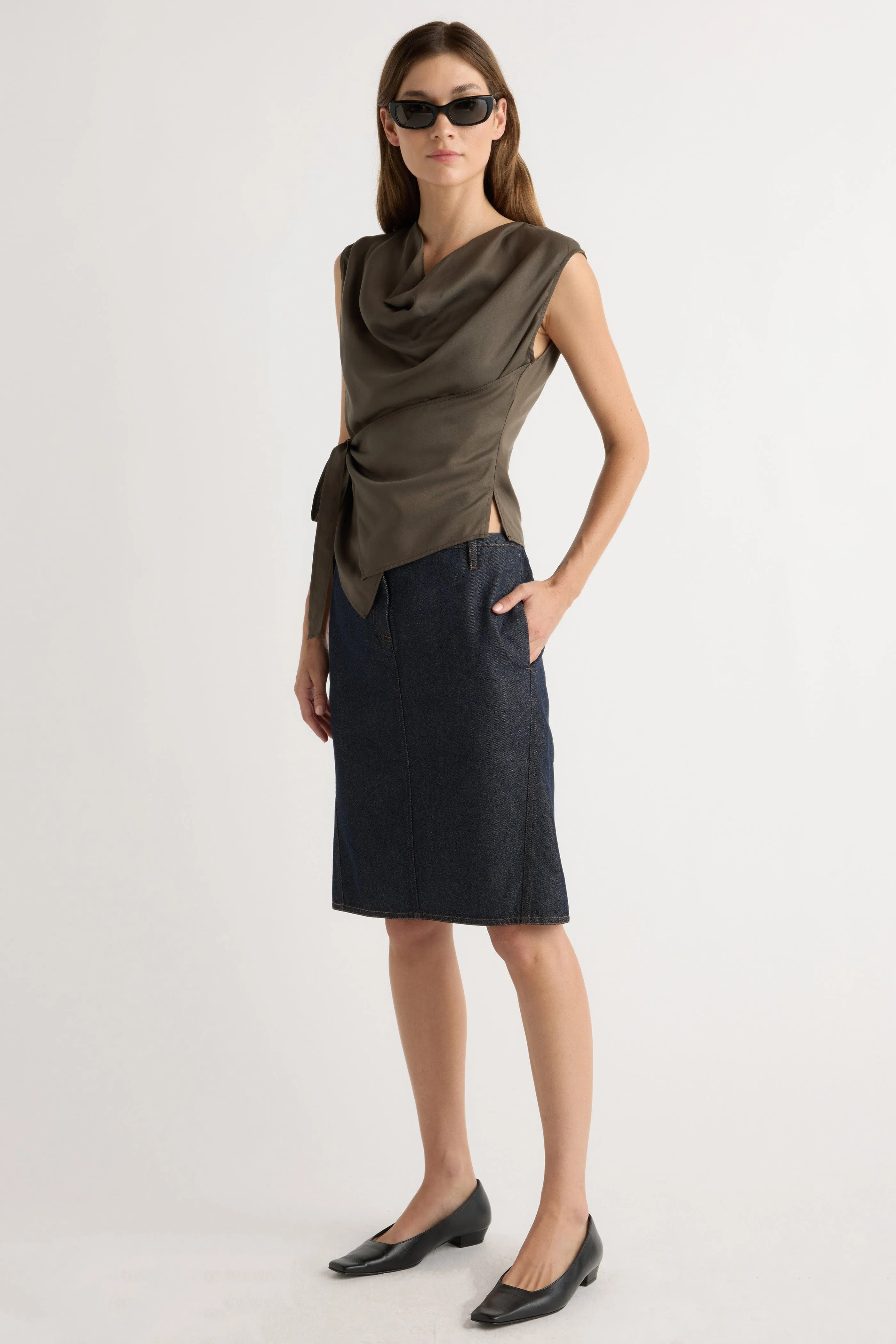 Smooth Interior Lining Easy to Wear Dion Tencel Cowl-Neck Wrap Blouse