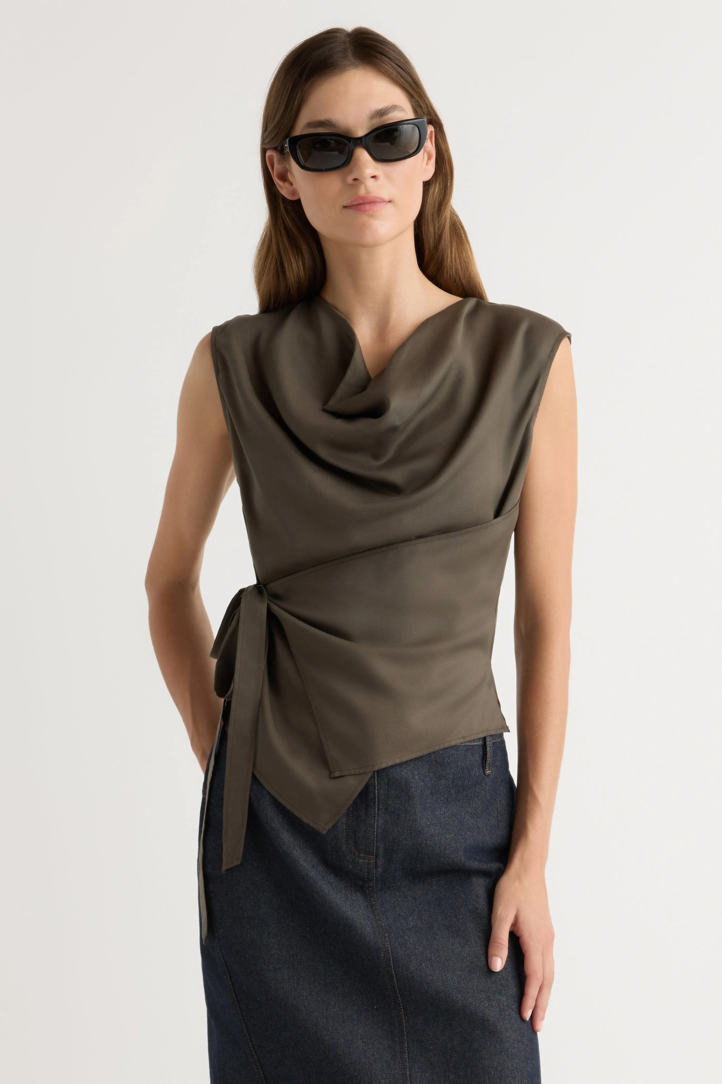 CrewNeck Dion Tencel Cowl-Neck Wrap Blouse
