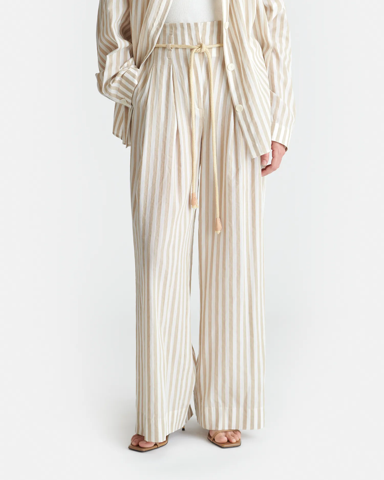 Nevada - Striped Belted Linen Pants - Beige Low Profile