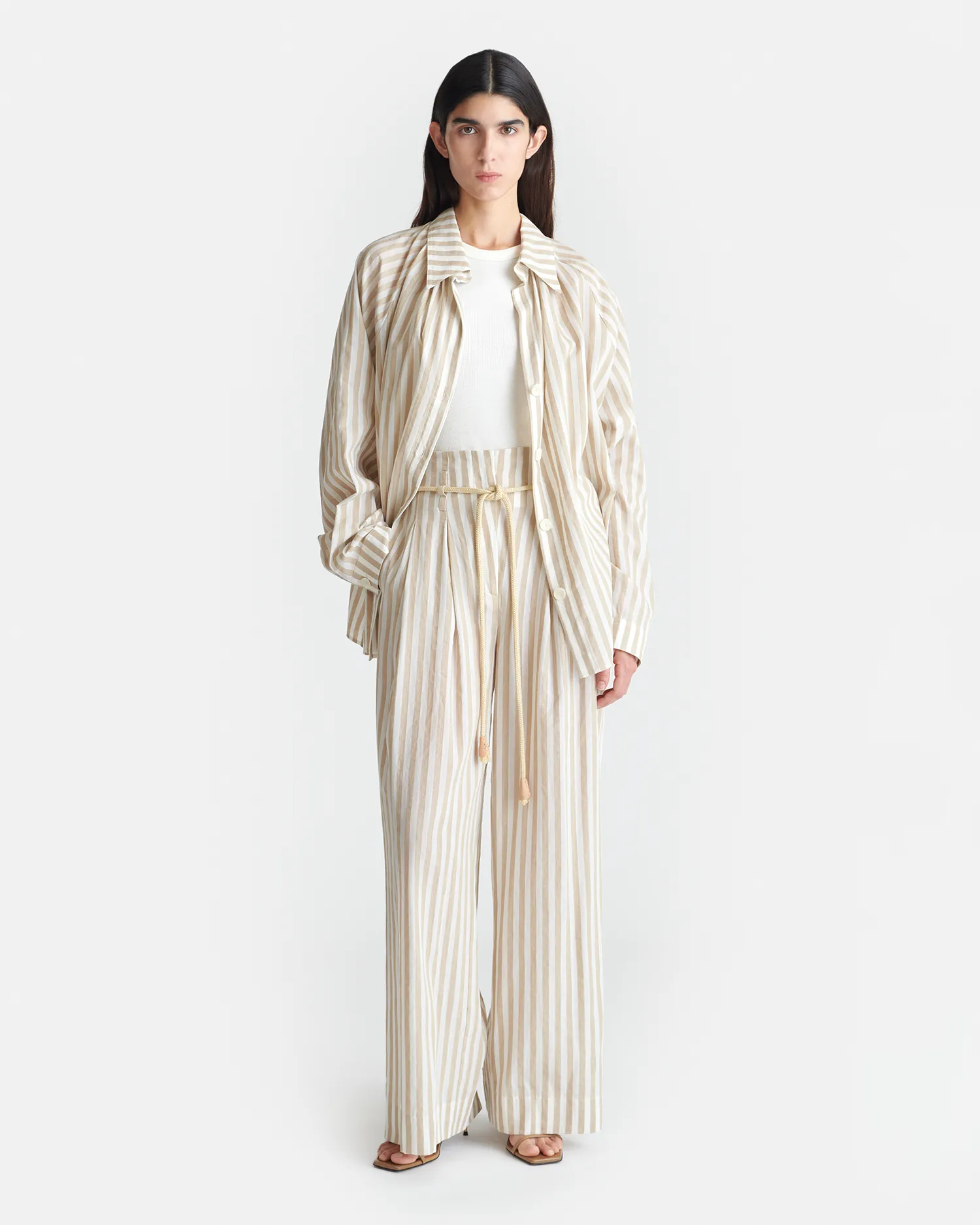 Nevada - Striped Belted Linen Pants - Beige Timeless Comfort Functional Layer