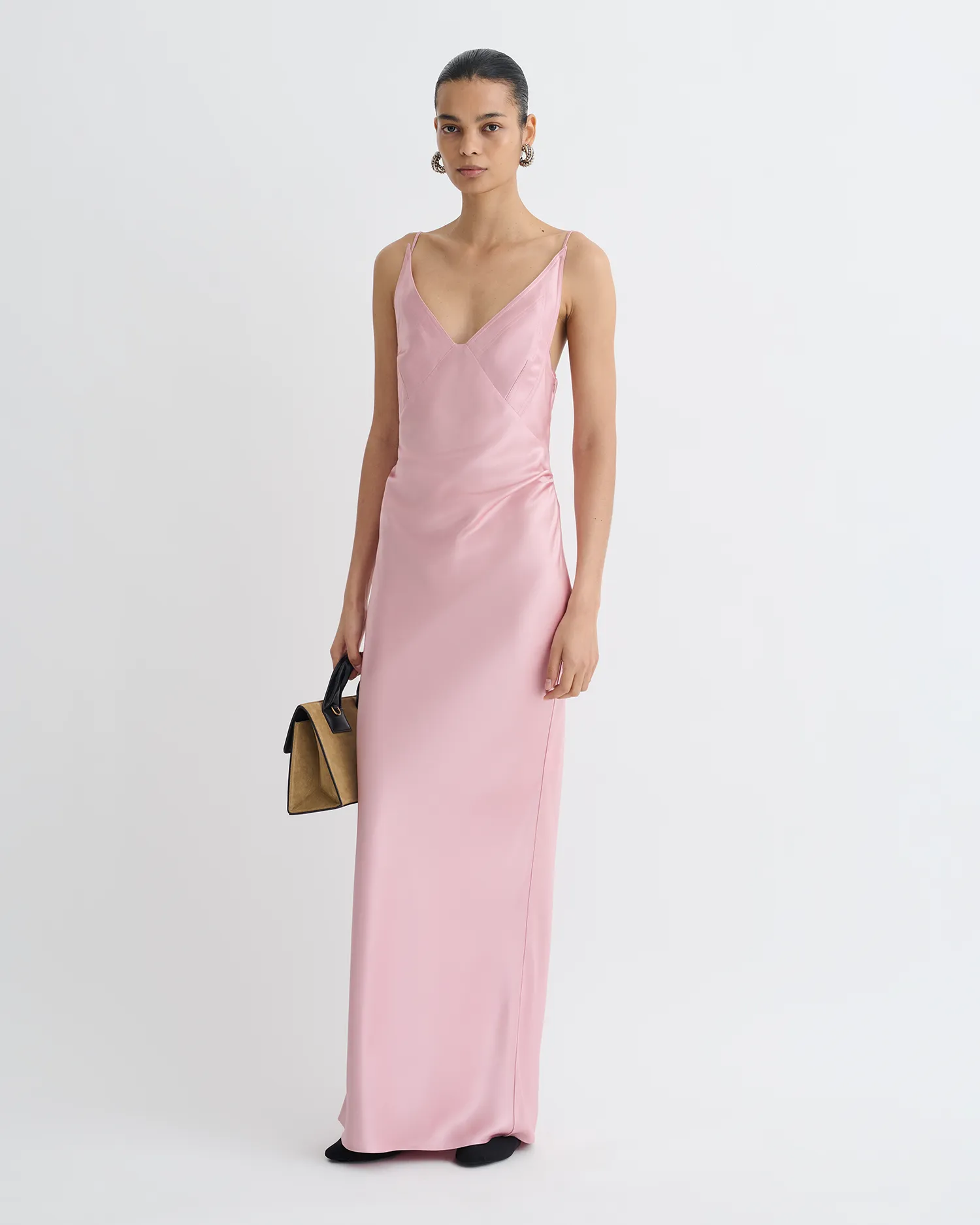 Hidden Button Placket WrinkleResistantFinish Coeus - Slip Satin Maxi Dress - Pink