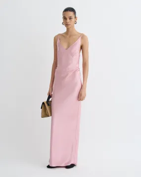 Hidden Button Placket WrinkleResistantFinish Coeus - Slip Satin Maxi Dress - Pink