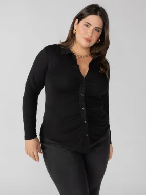 Drip Dry Fabric Bold and Comfortable Dreamgirl Knit Button Up Top Black Extended Sizing