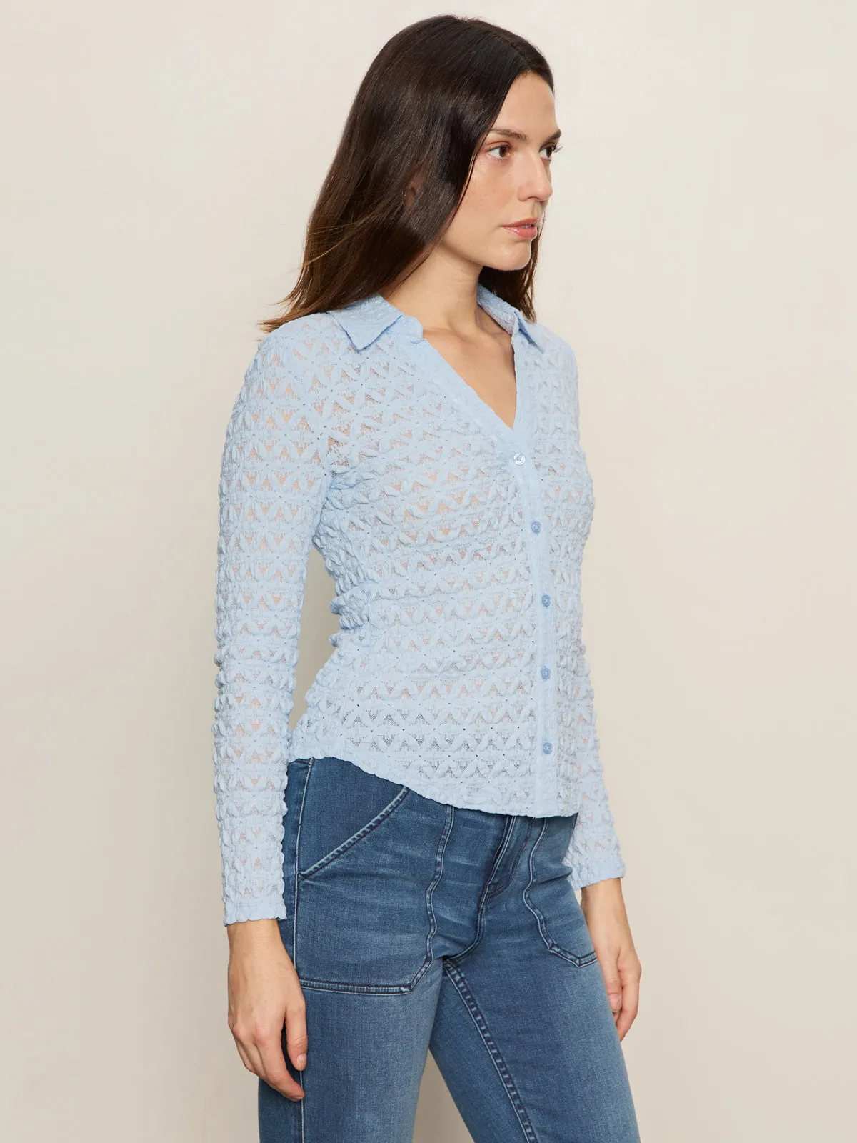 ribbed texture Adjustable Dreamgirl Lace Button Up Top Blue Powder