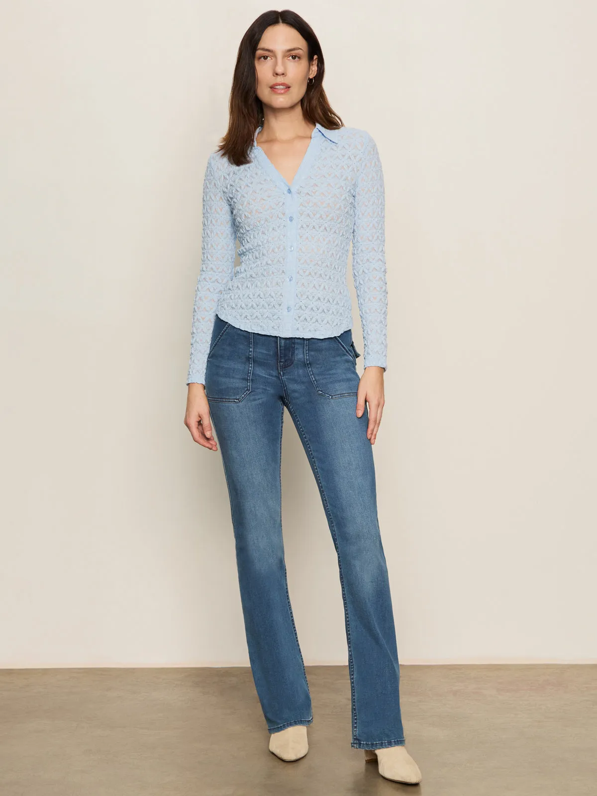 MeshVentilation Wrinkle Free Weave Dreamgirl Lace Button Up Top Blue Powder