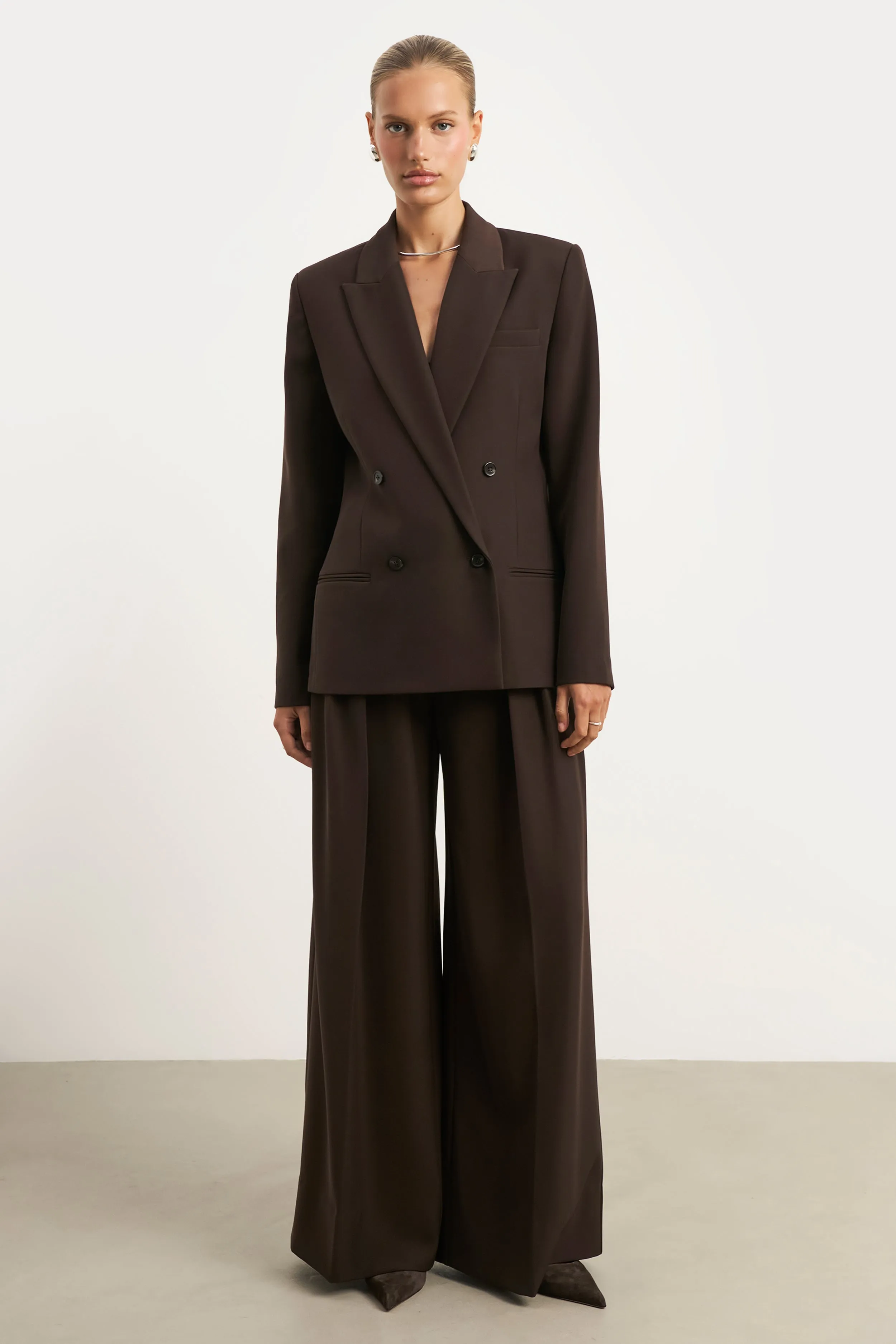 Dropped Waist Double Breasted Blazer - Carob Supportive Side