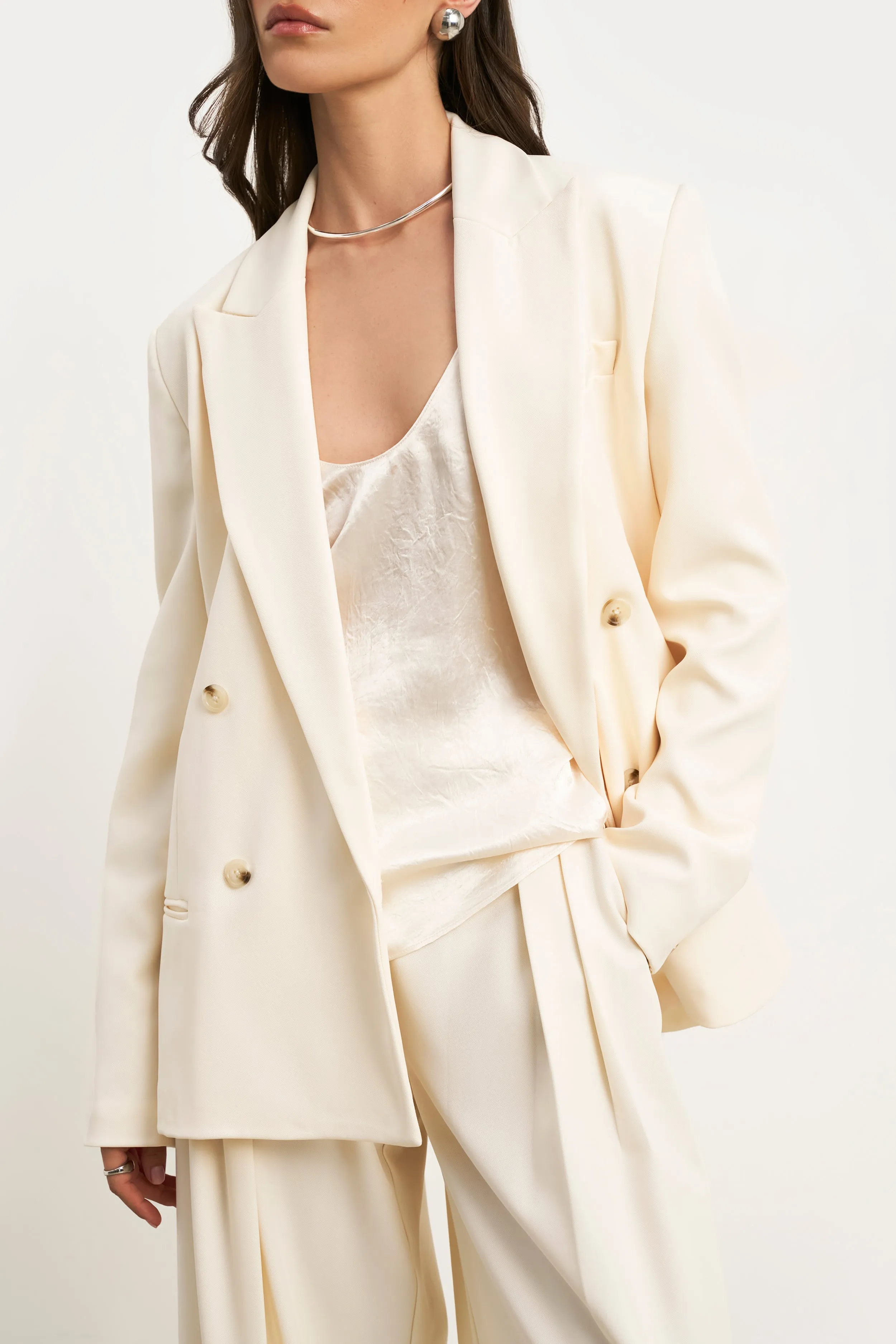 Versatile Closure Dropped Waist Double Breasted Blazer - Cream