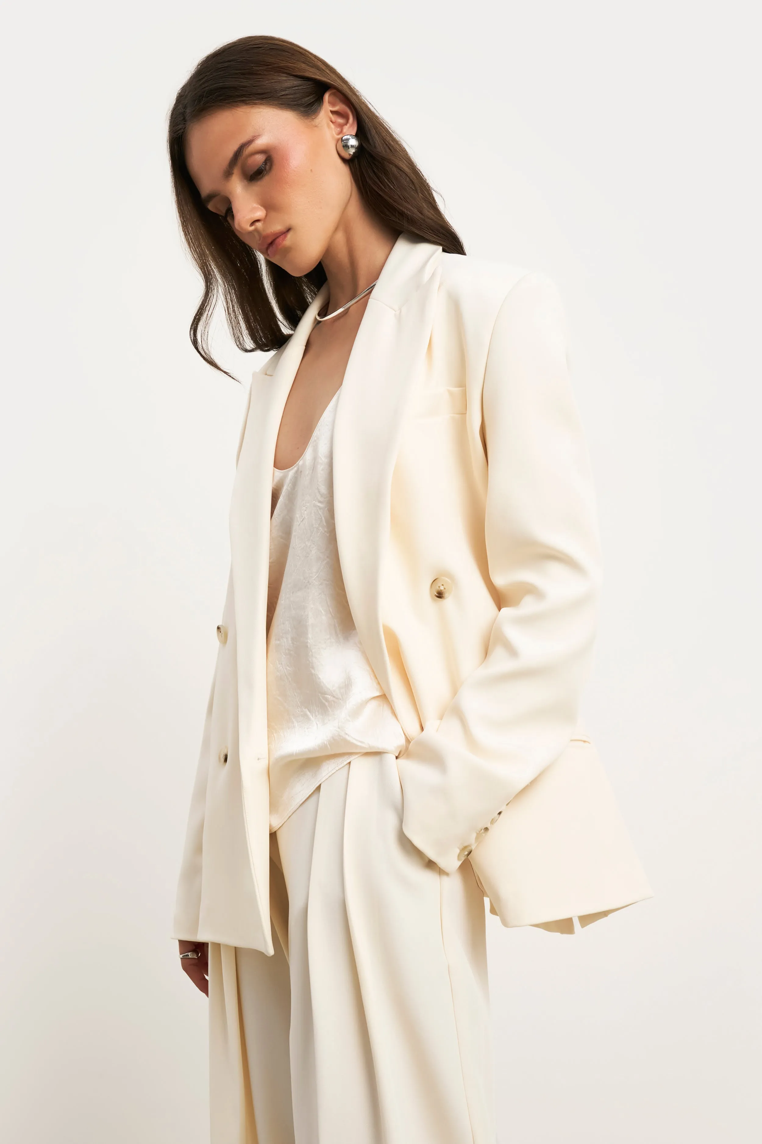 Supportive Band Dropped Waist Double Breasted Blazer - Cream