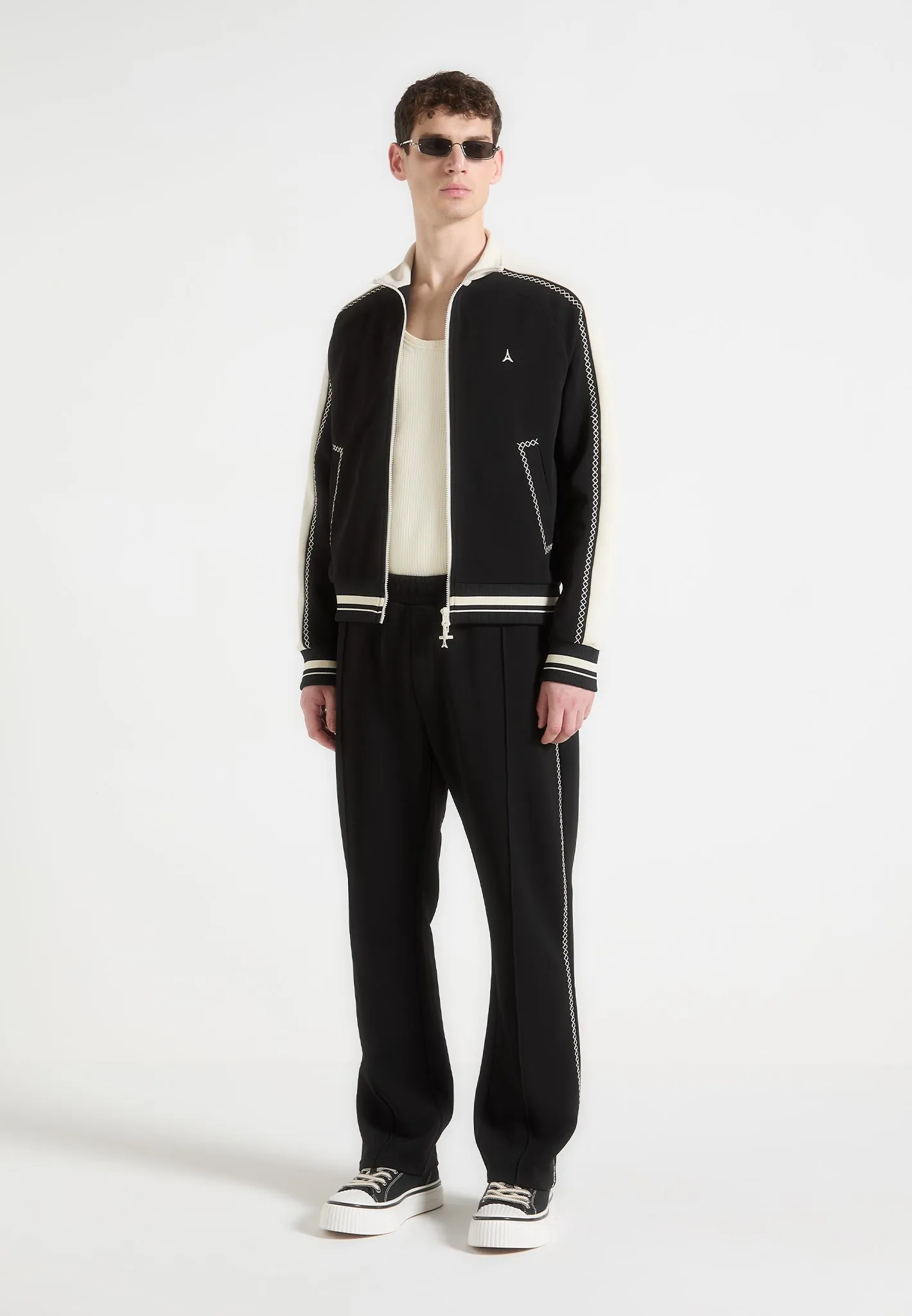 Tristan - Contrast Whipstitch Raglan Track Jacket - Black QuickRelease Fastener Self Fabric Tie Closure