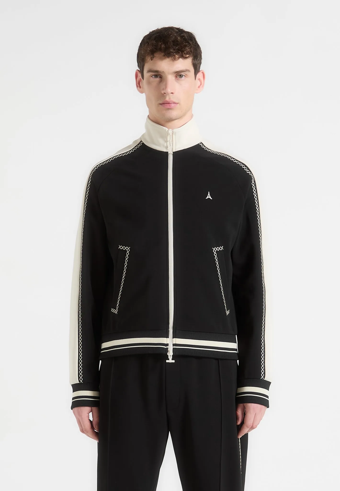 Tristan - Contrast Whipstitch Raglan Track Jacket - Black High Neckline Reinforced Shoulder Panels