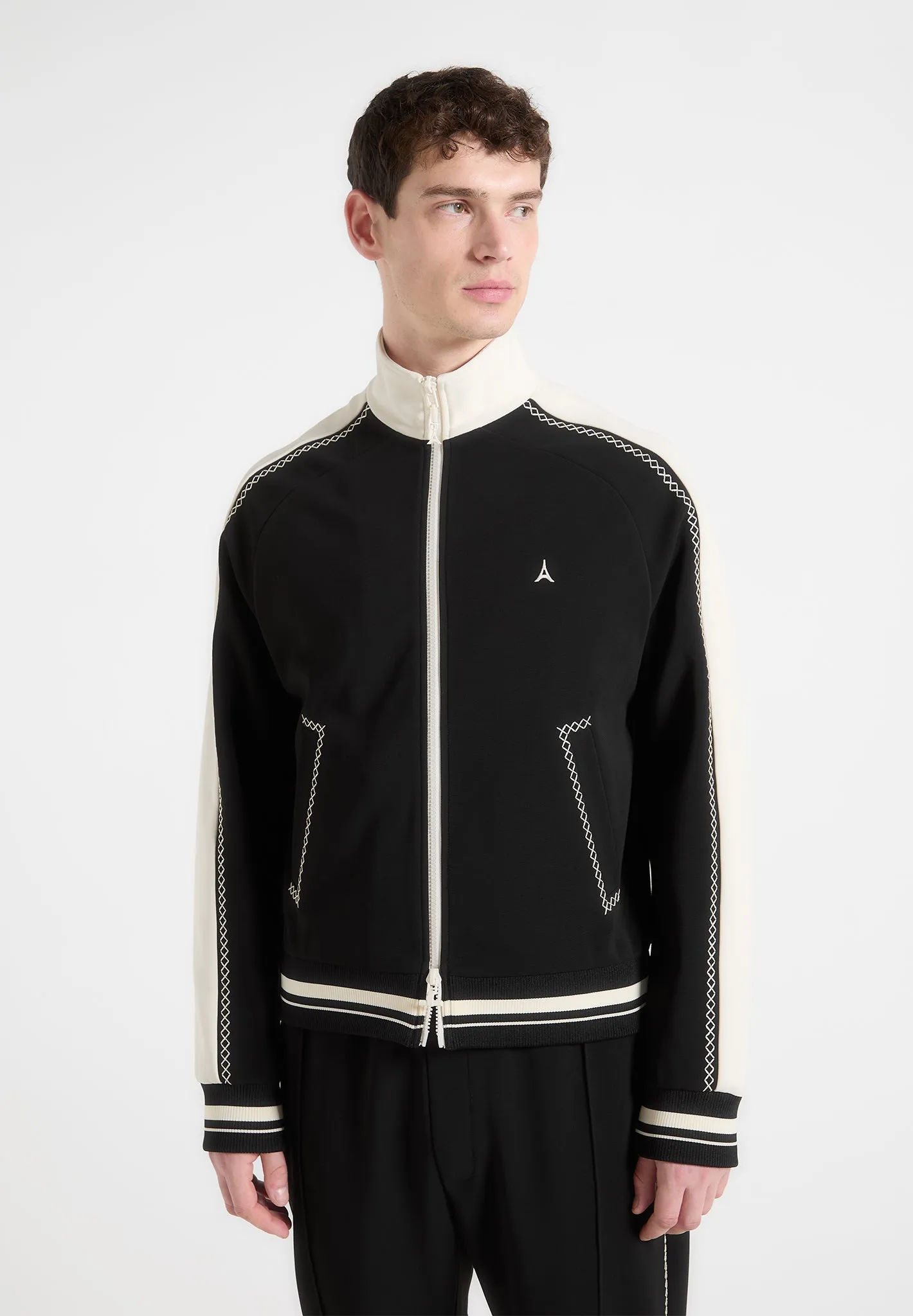 Tristan - Contrast Whipstitch Raglan Track Jacket - Black StretchKnit