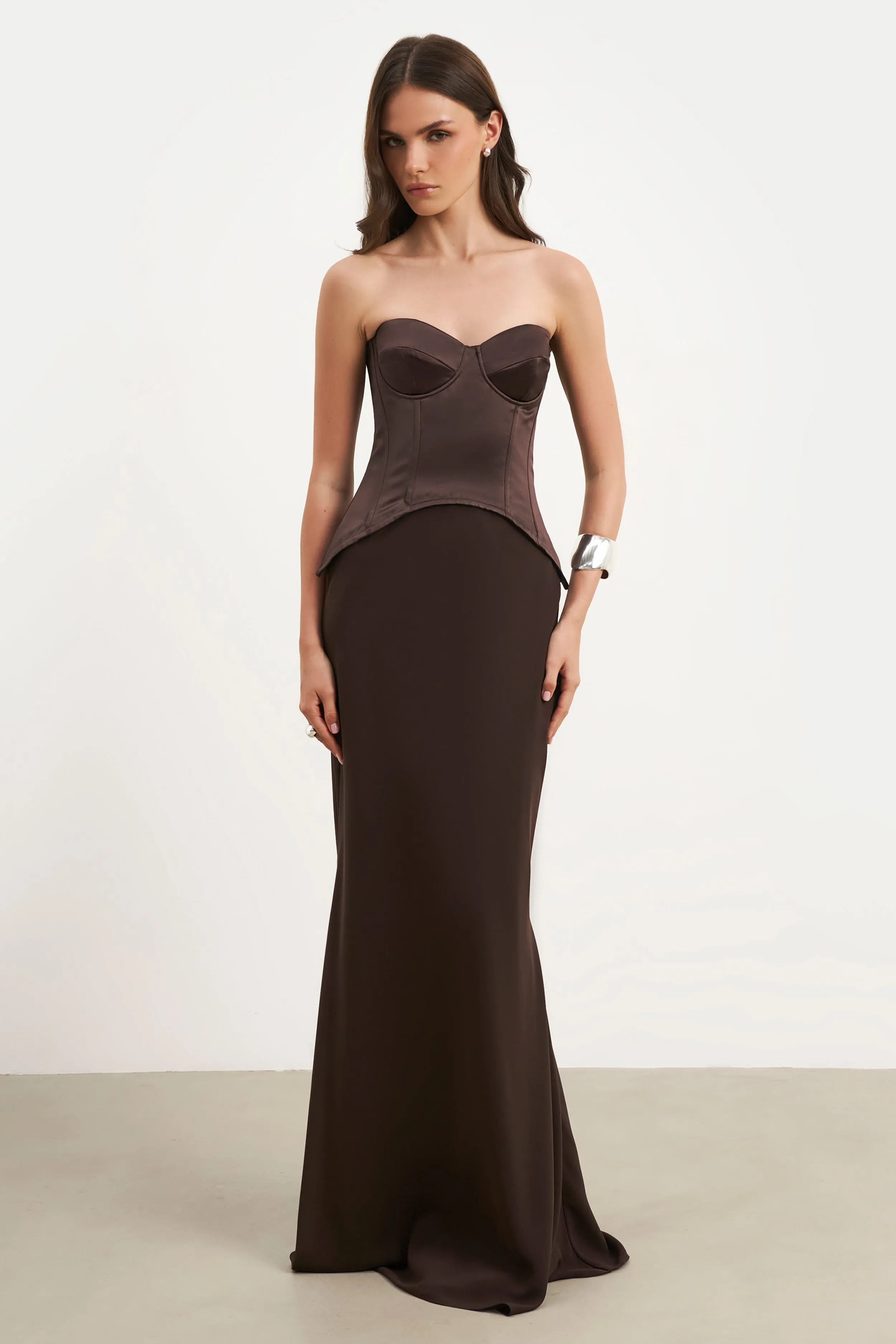 Satin Corset Gown with Sweetheart Neckline - Carob Trend Texture