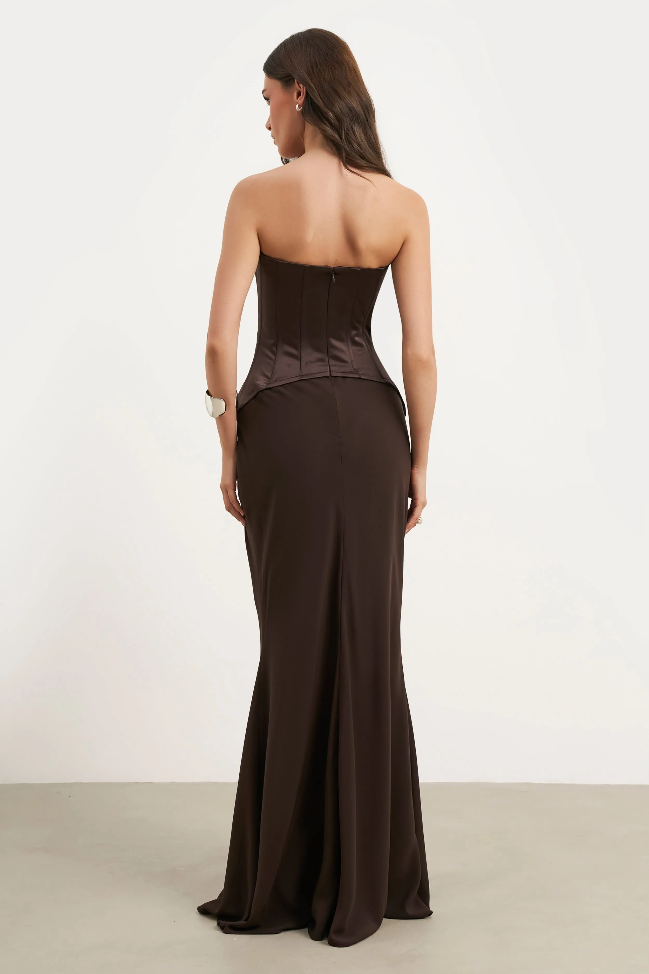 Satin Corset Gown with Sweetheart Neckline - Carob Wide Swing Velvet-Edge
