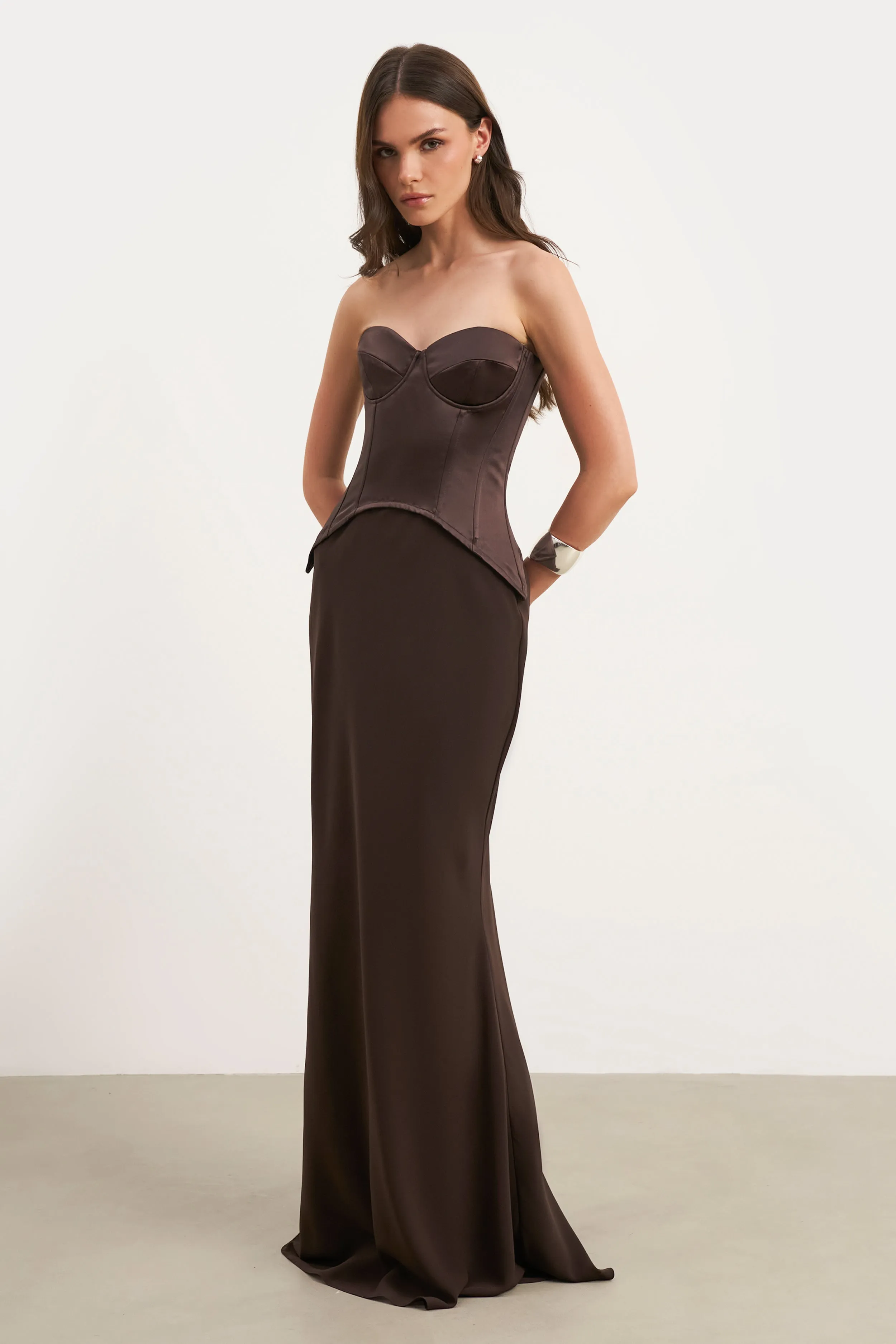 Lower Hem All-Occasion Look Satin Corset Gown with Sweetheart Neckline - Carob