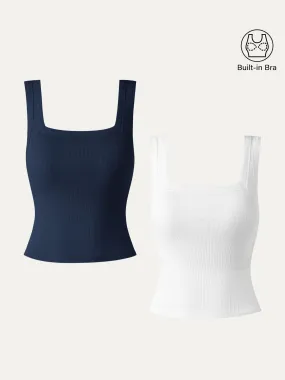 Contoured Armhole Design 2Pcs Set Cropped Slinky Square Open-Back Brami Tank Top
