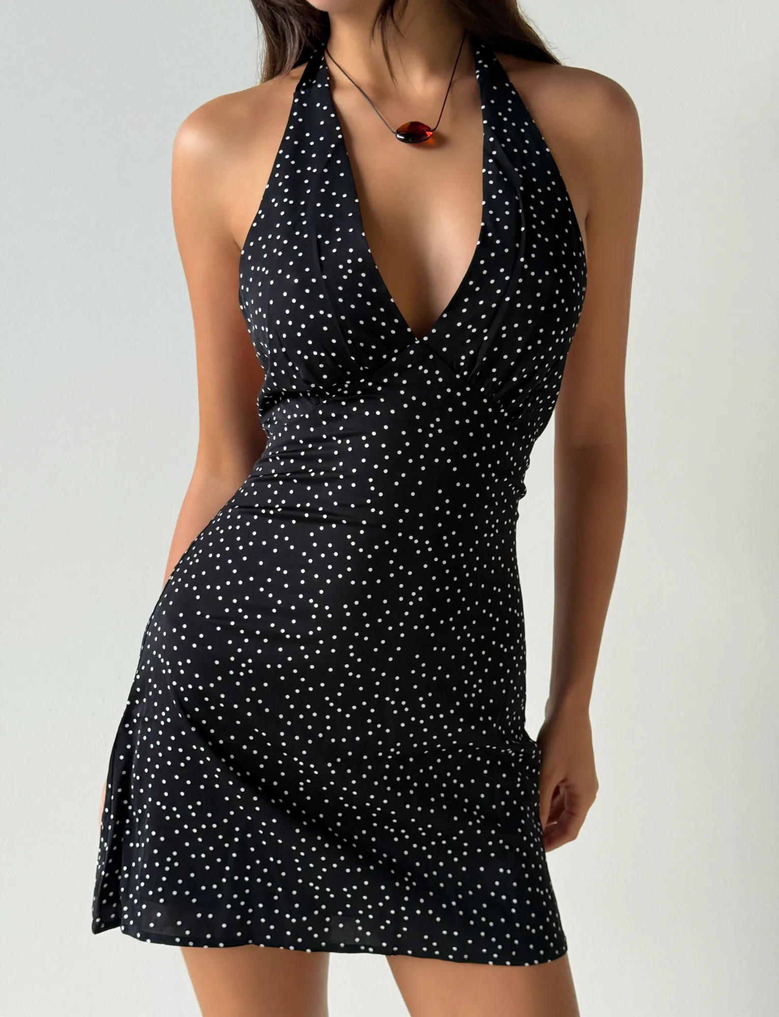 Day Chic Fold-Over-Detail DYLAN HALTER MINI DRESS - BLACK POLKA