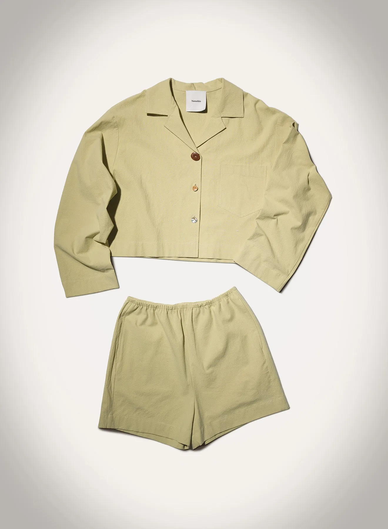 Dylla - Tailored Washed Calico Shorts - Sage Laser Cut Edges Flattering Comfort