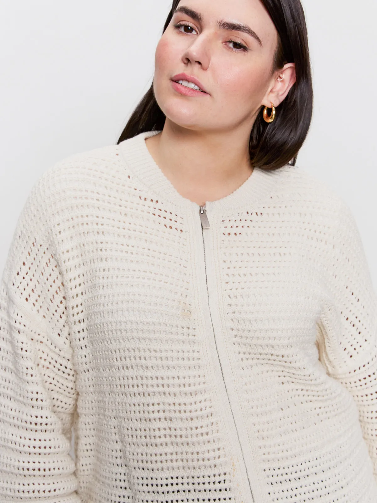 Open Knit Bomber Jacket Chalk Extended Sizing Breathable Material Breathable Lining