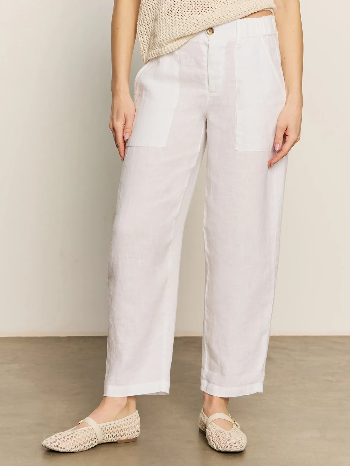 Flexible Material Flattering Waist Relaxed Linen Cruiser Semi High Rise Pant Bleached White