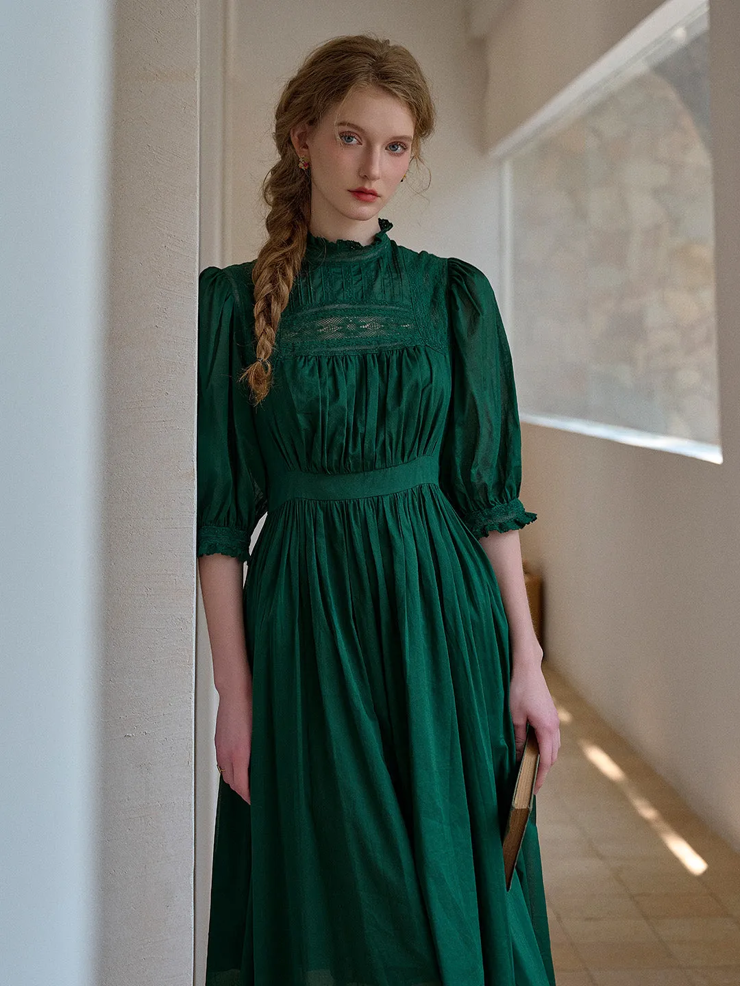 Korean Trend A-Line Averie Lace Panel Emerald Green Dress