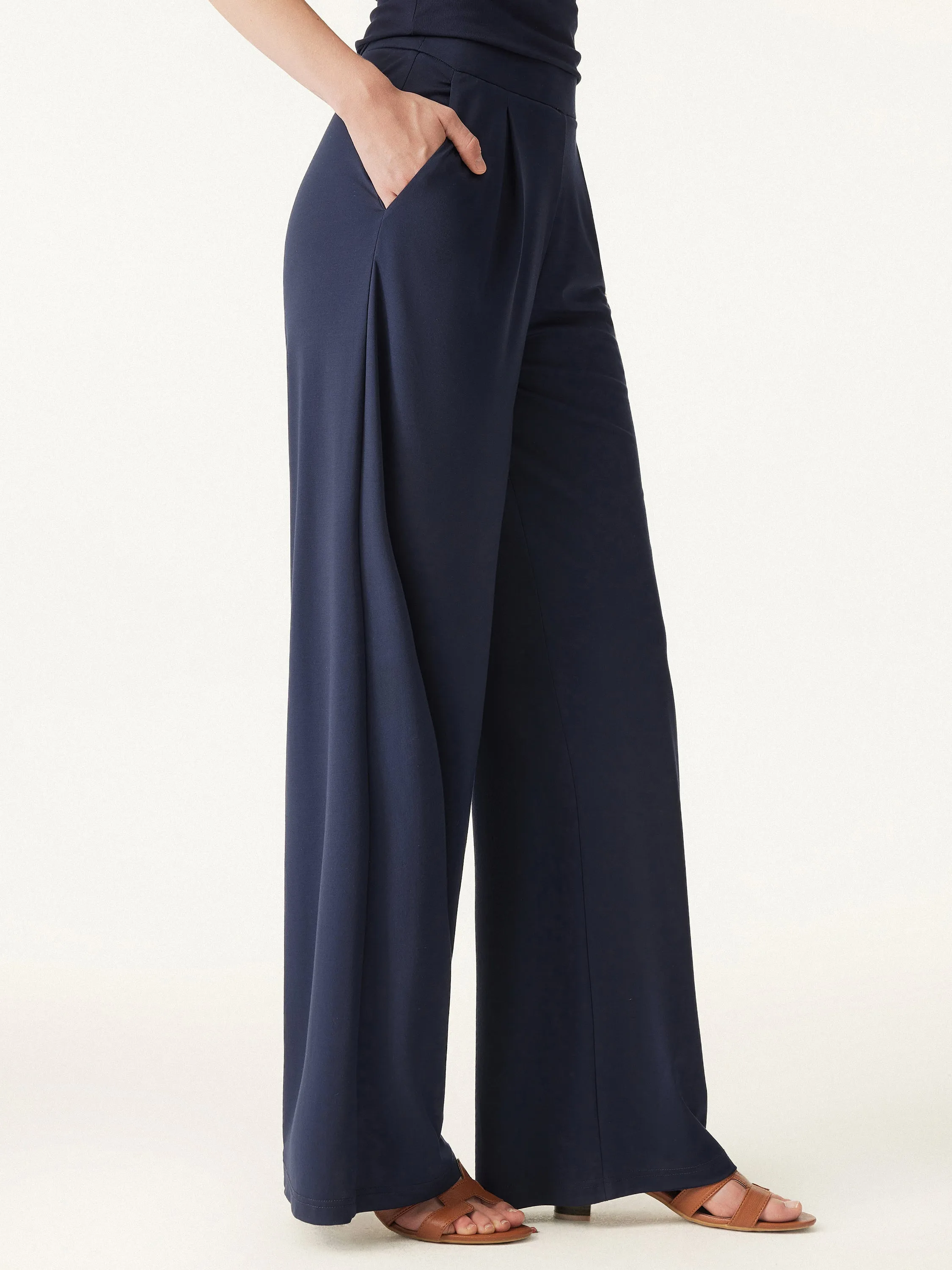 Sustainable Fabric Mid Rise Pull-on Wide Leg Peated Pants with Pockets