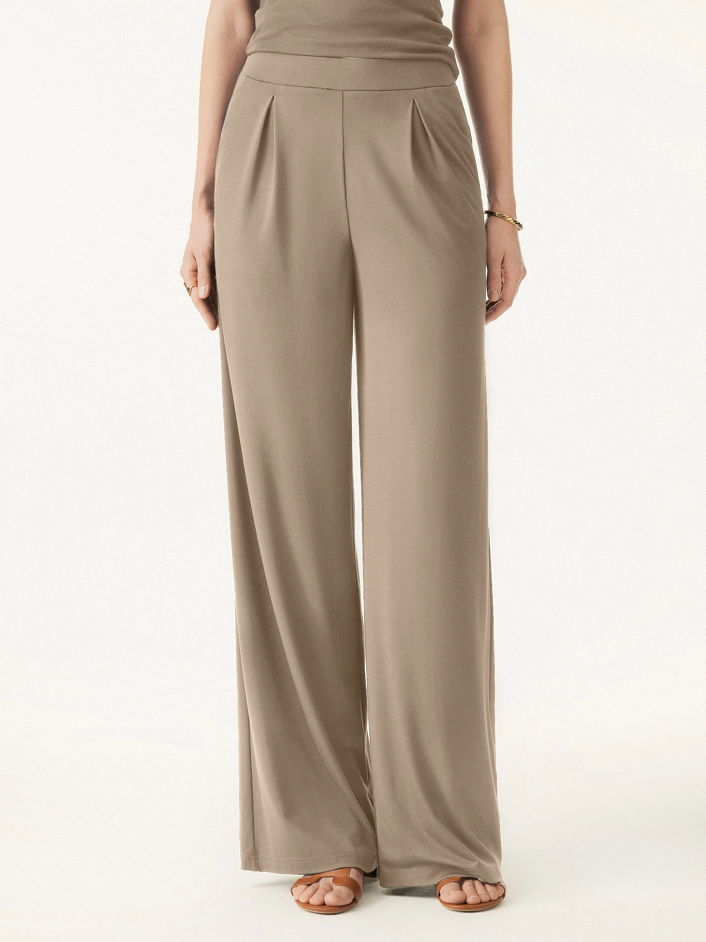 Mid Rise Pull-on Wide Leg Peated Pants with Pockets Soft Touch