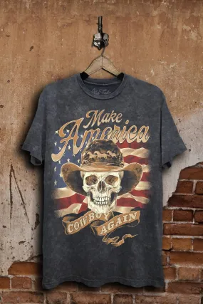 Variable Tension Adjustment NonChafe Tag Placement Make America Cowboy Again Graphic Top: Vintage Black Mineral Wash