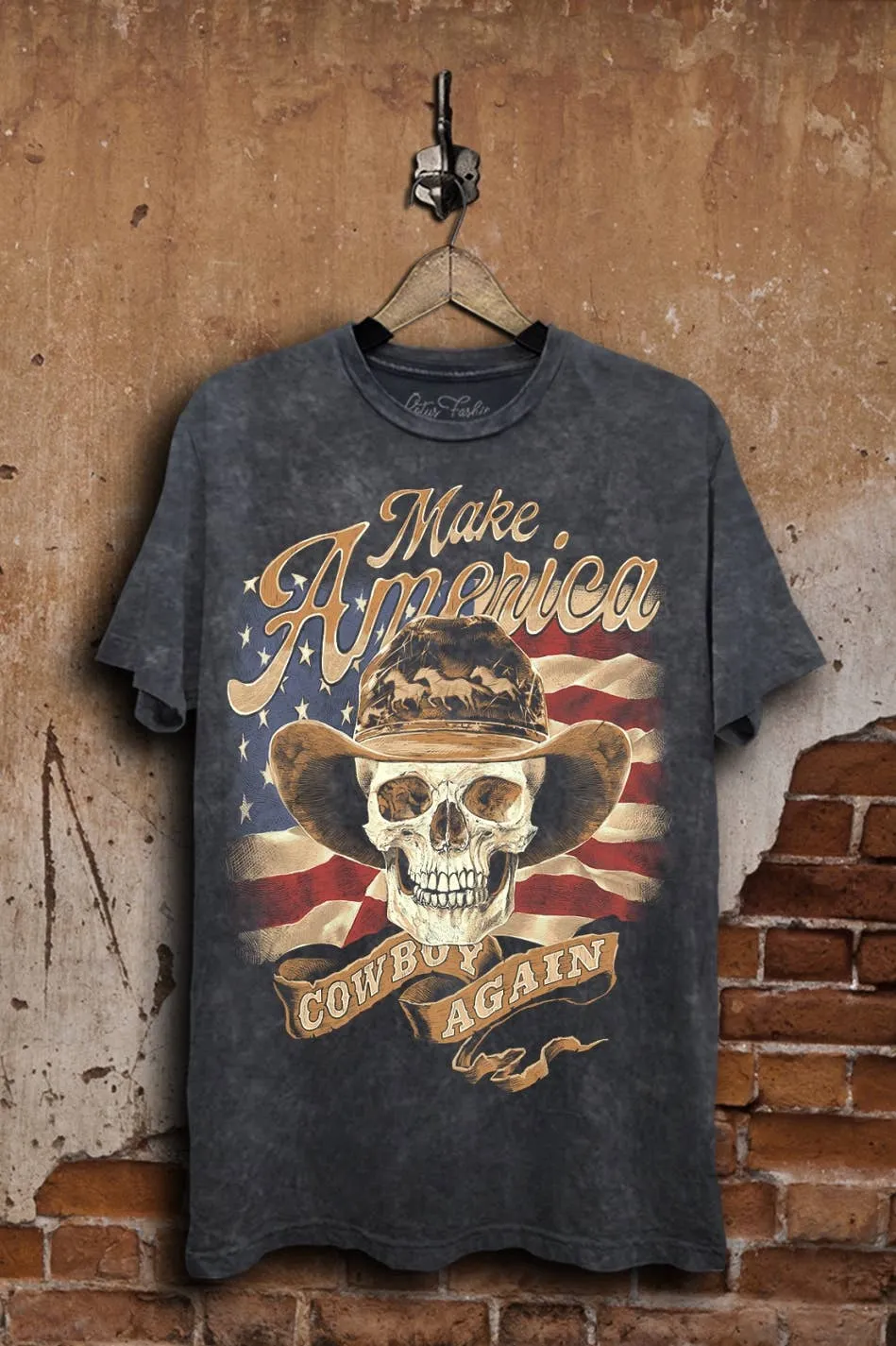 Make America Cowboy Again Graphic Top: Vintage Black Mineral Wash Adjustable Hem Cuff Casual Button-Down