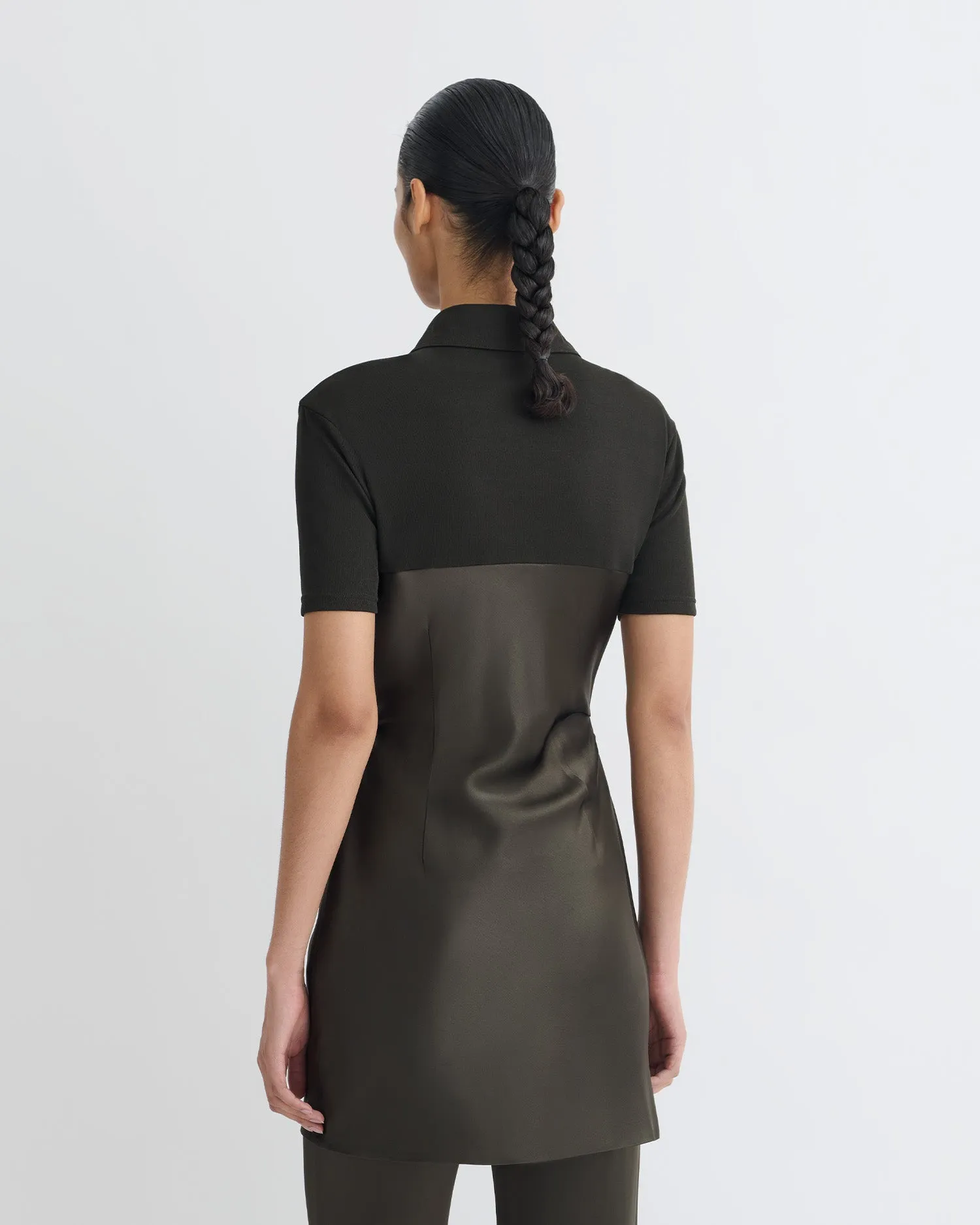 Fitted Blouse Heceta - Mesh Jersey and Slip Satin Mini Dress - Dark Green/Anthracite