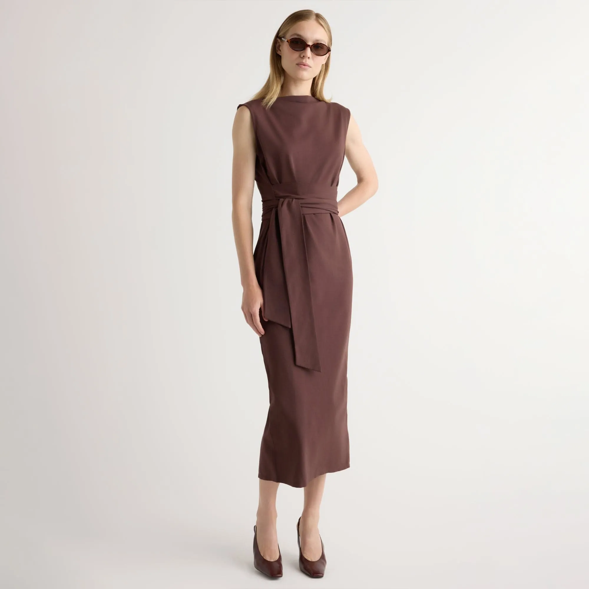 Curve-Enhancing Fall Flow Edina Tie-Front Slit-Neck Dress