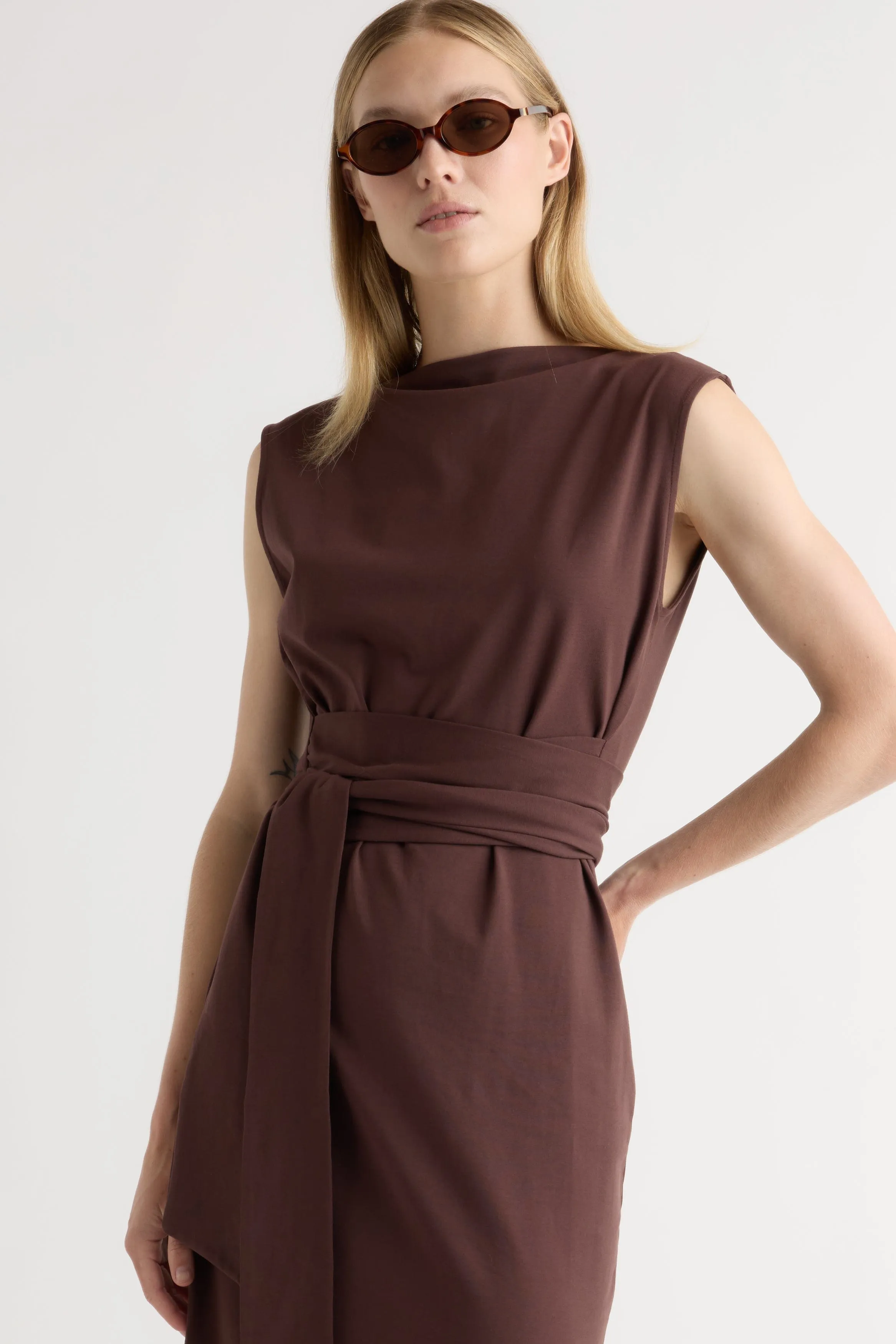 Edina Tie-Front Slit-Neck Dress Hidden Zipper