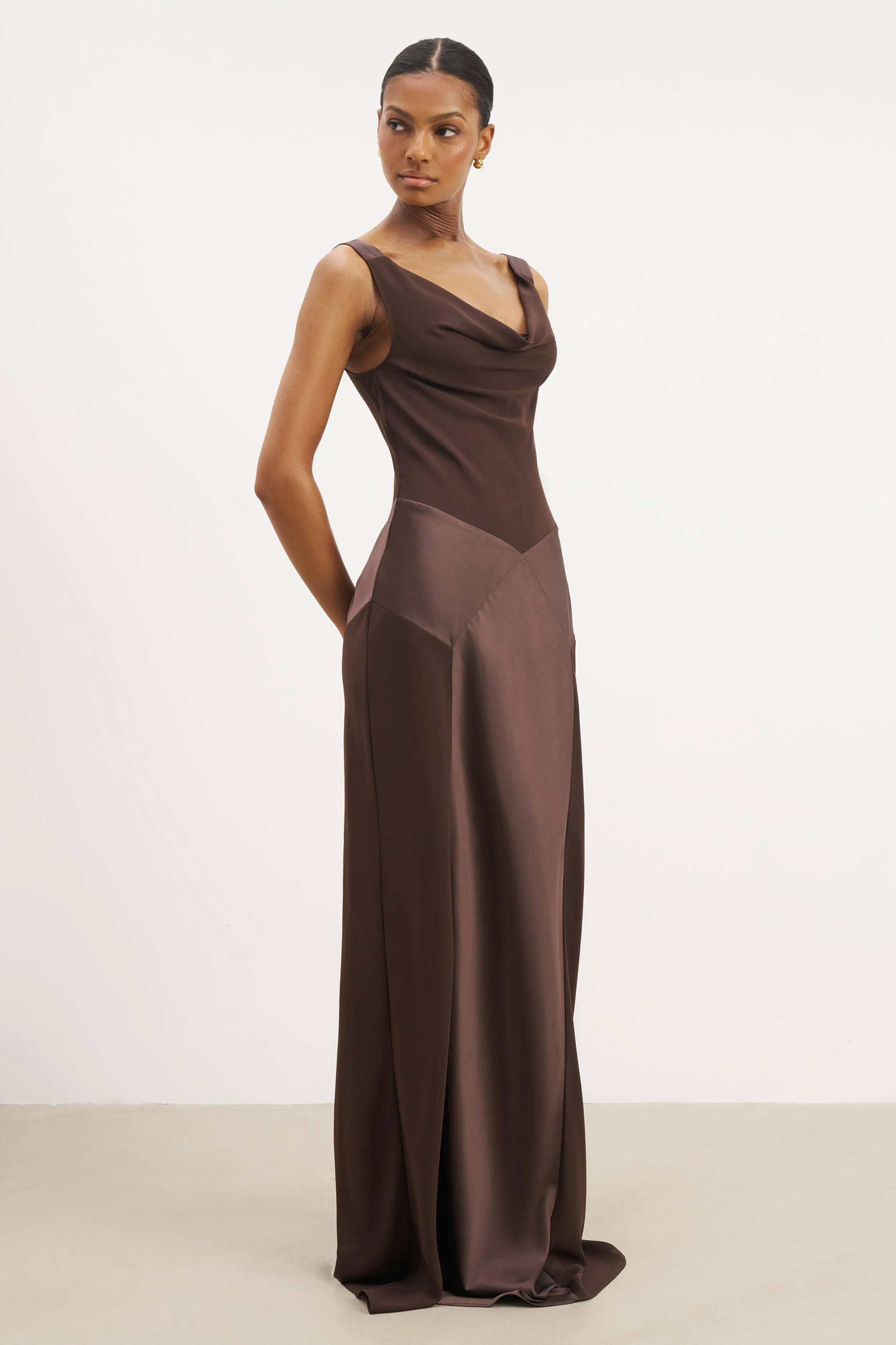 Cowl Neck Satin Panel Gown - Carob Perfectly Fit Look
