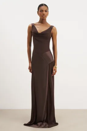 Cowl Neck Satin Panel Gown - Carob Square Neck Floral Comfort