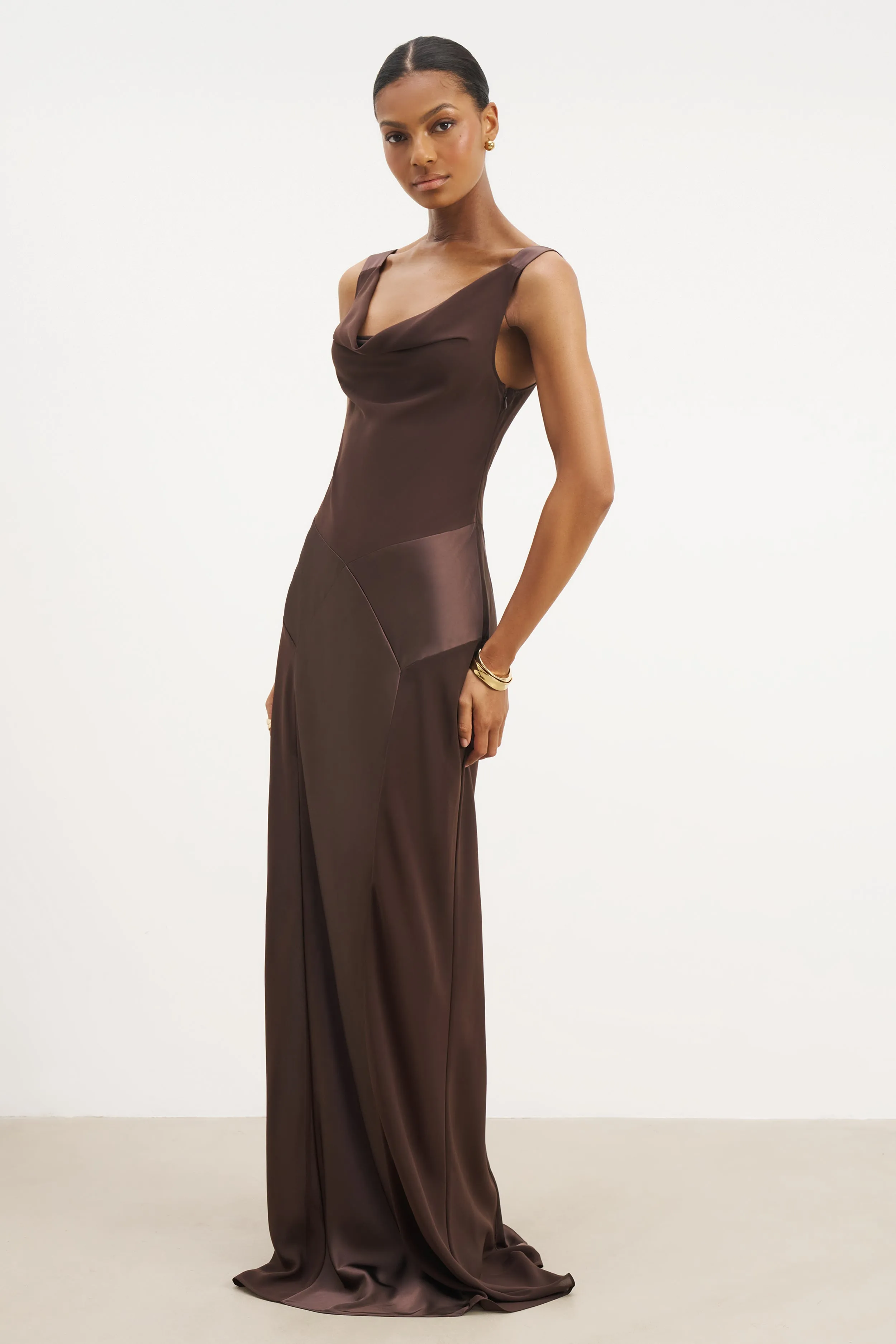 Euro Ease Cowl Neck Satin Panel Gown - Carob