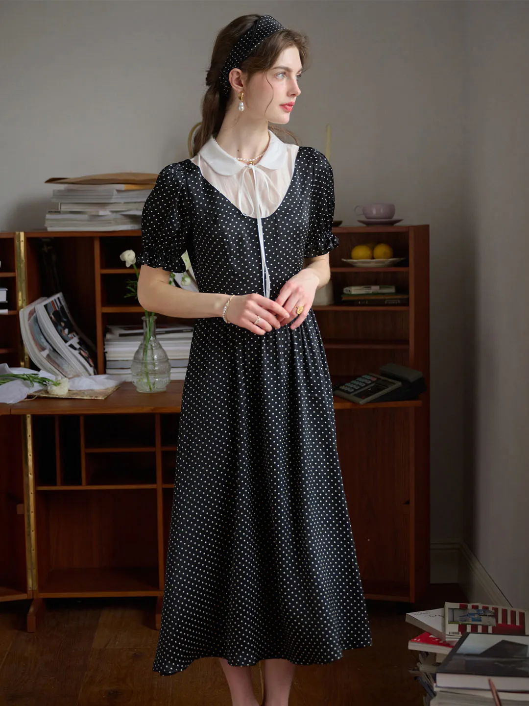 Dahlia Doll Neck Puff Sleeve Polka Dot Dress Light Wear